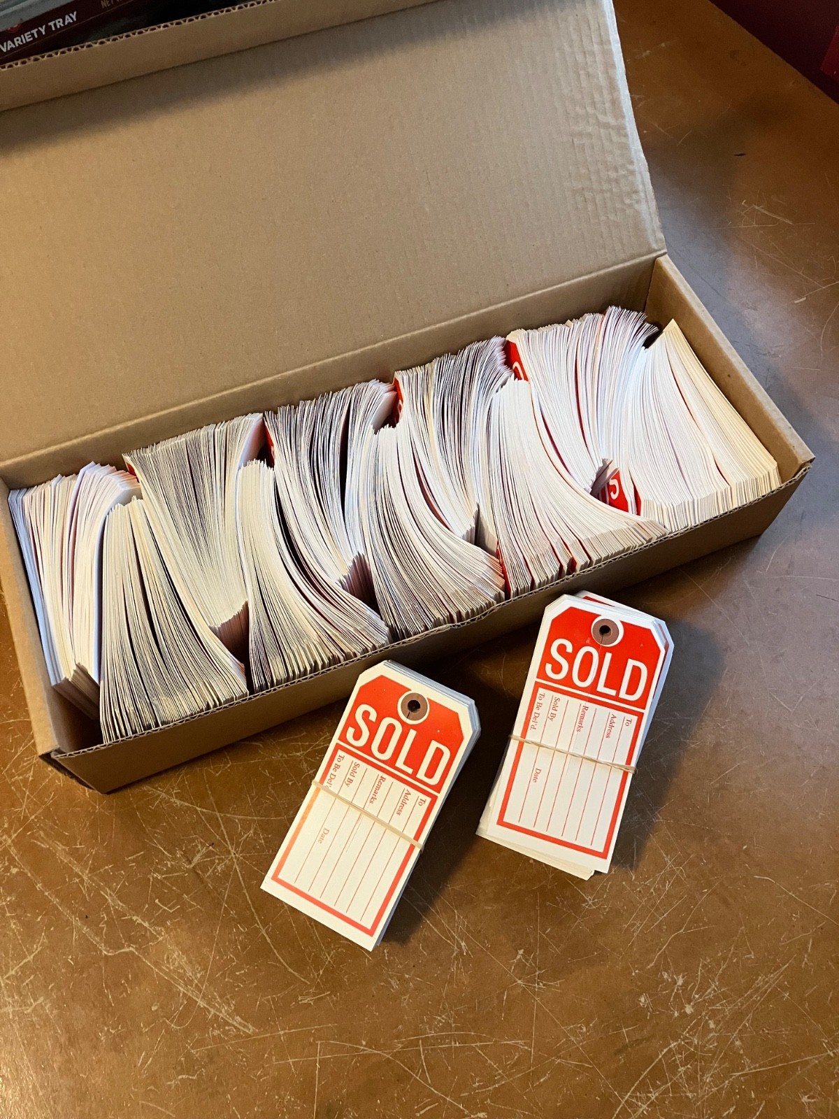 SOLD tags 2 5/8 x 5 1/4 cardstock 1200 pcs .. store closed remaining supplies