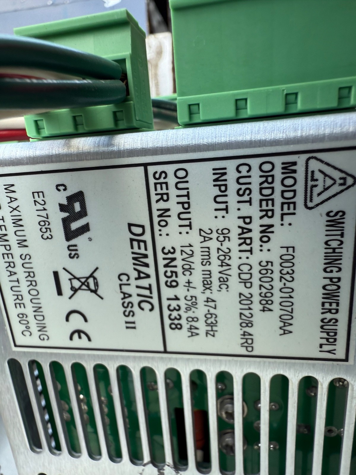 DEMATIC CLASS II SWITCHING POWER SUPPLY F0032-01070AA (Tote 78)