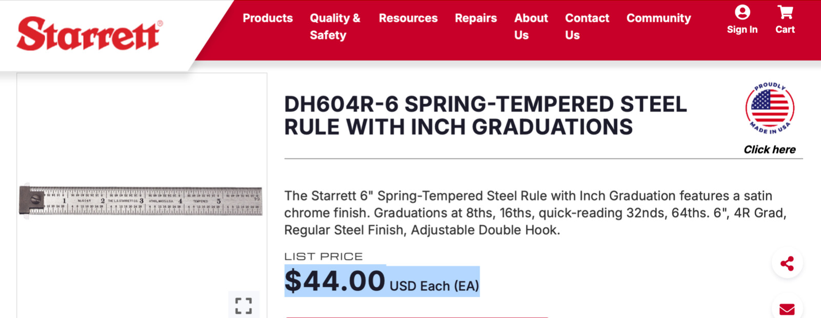 STARRETT DH604R-6 6″ Long Double Hook Spring-Tempered Steel Rule W/inch Grad.