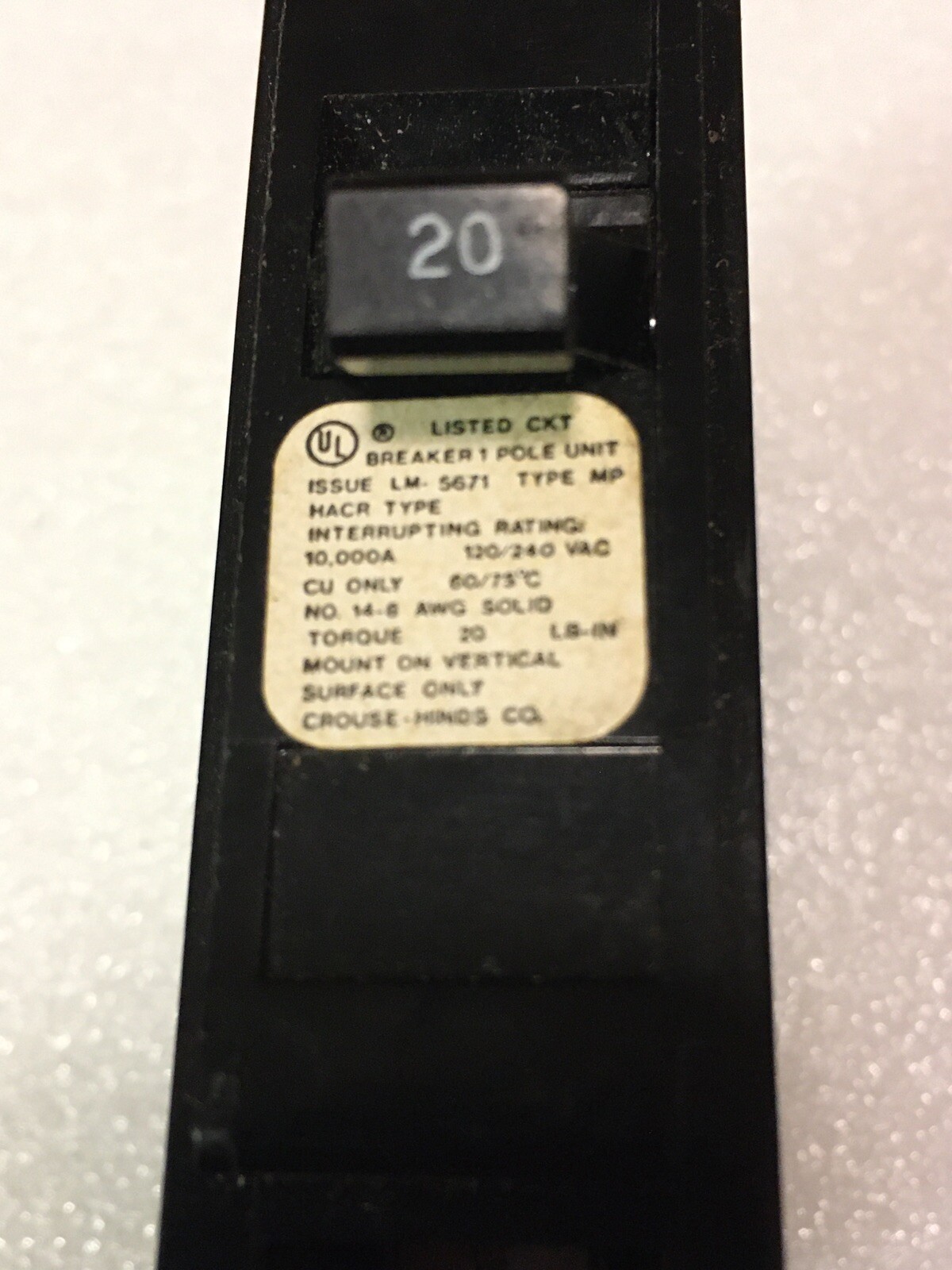 Crouse ARROW HEART MP120 1 Pole 20 Amp 120 Volt Breaker old style 1P 20A MP-120