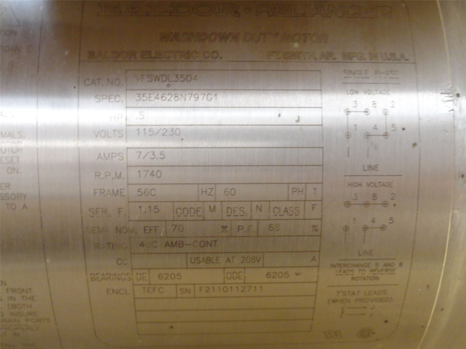 251414 Old-Stock; Baldor VFSWDL3504 AC Motor; SS; 1/2HP; 115/230V; 1800RPM; 3PH