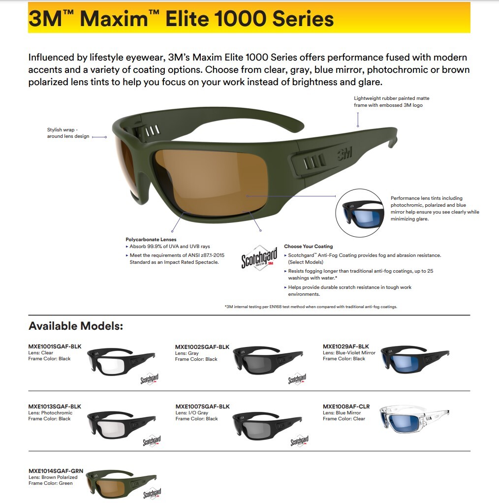 3M Maxim Elite 1000 Safety Glasses Sunglasses Anti-Fog Multiple Colors ANSI Z87+