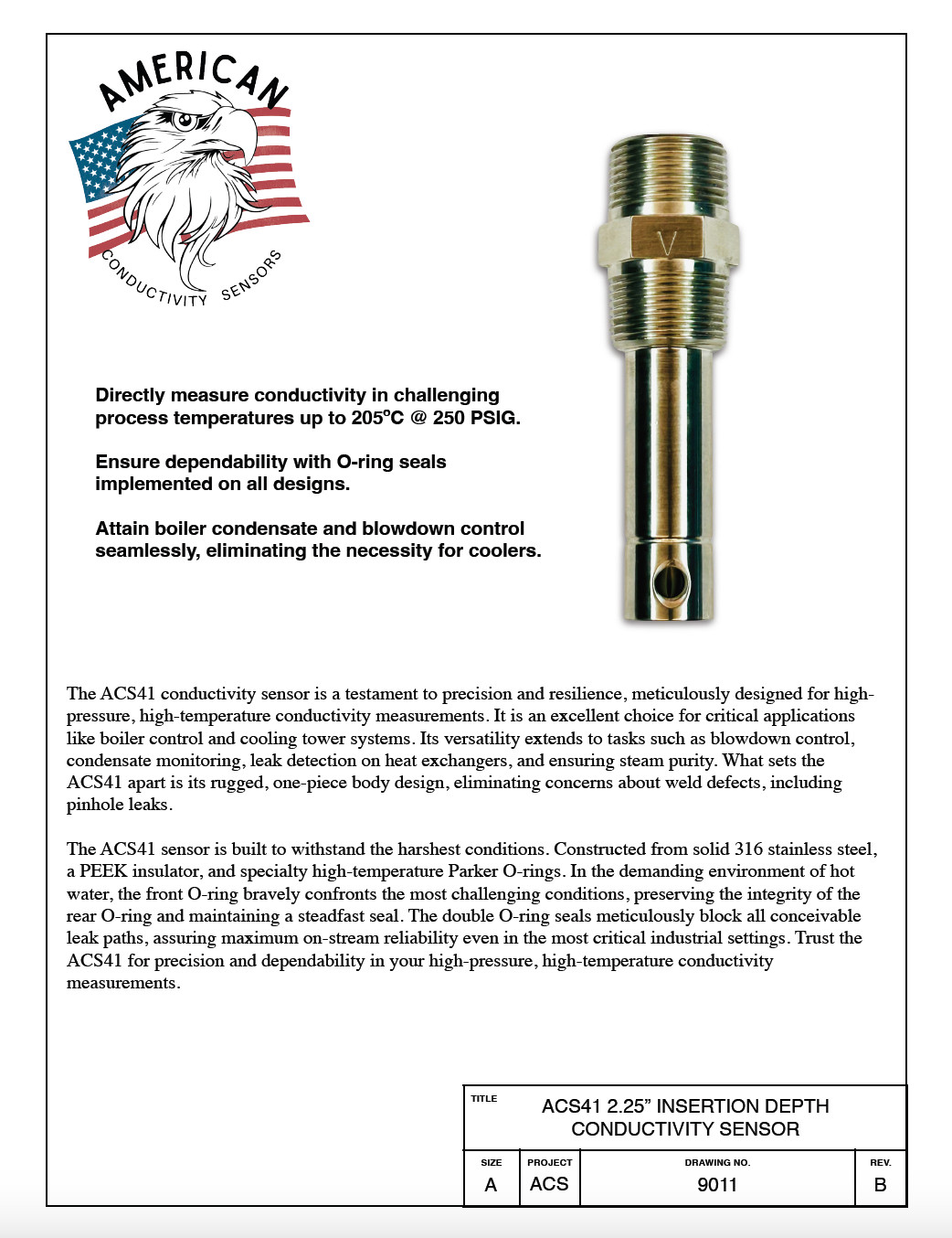 Boiler EC & TDS Sensor ACS41 2.25″ID Conductivity Probe Boiler Water Monitoring