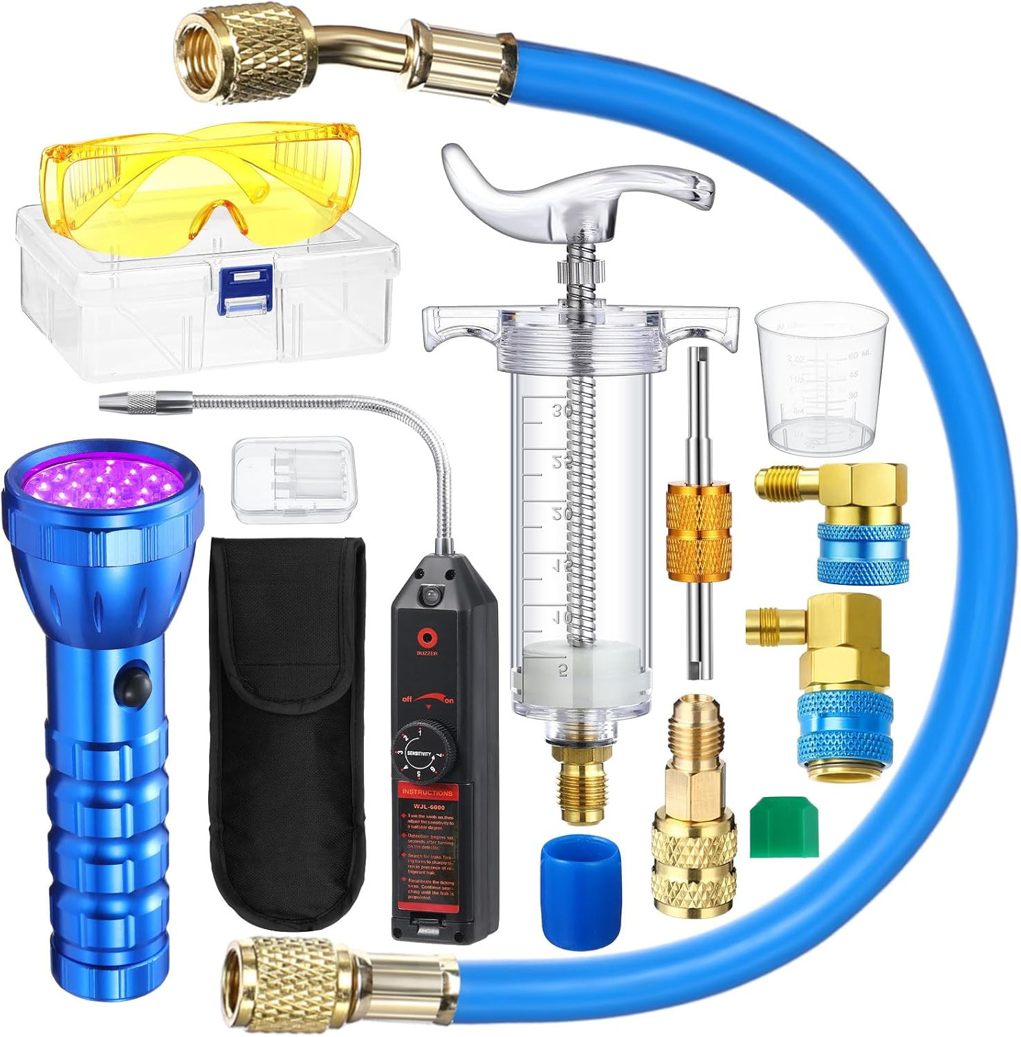 AC Leak Detector Kit R1234Yf R134A R410A Hand Push Compressor 1Oz/30Ml Oil UV Dy