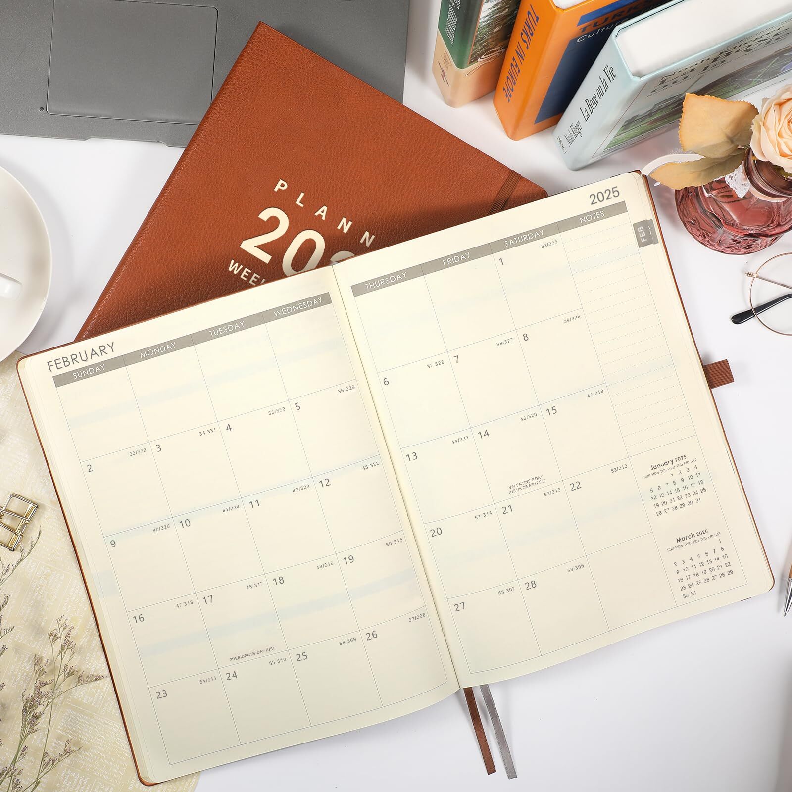 2025 Daily Weekly and Monthly Planner January to December Leather Cover Brown