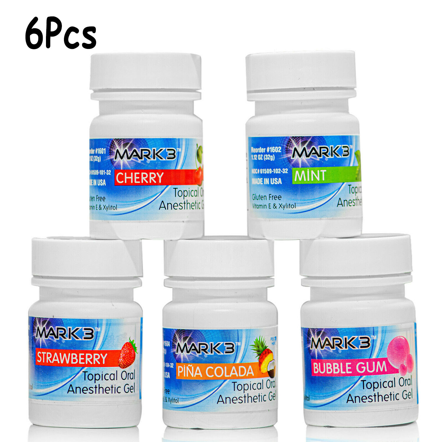6Bottles Mark 3 Dental Topical Anesthetic Gel 20% Benzocaine 1oz Jar Five Flavor