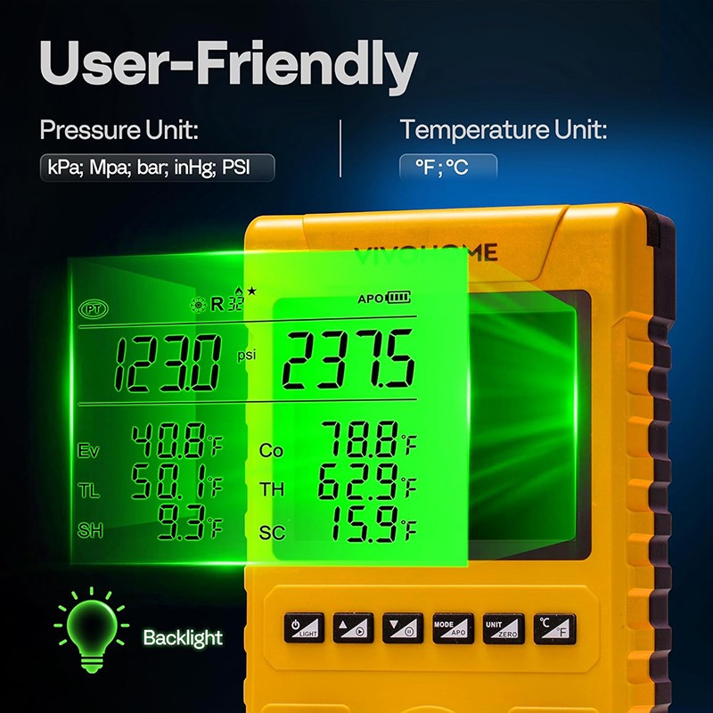 Refrigeration Digital Manifold Gauge Set HVAC System Vacuum Pressure Temp Tester