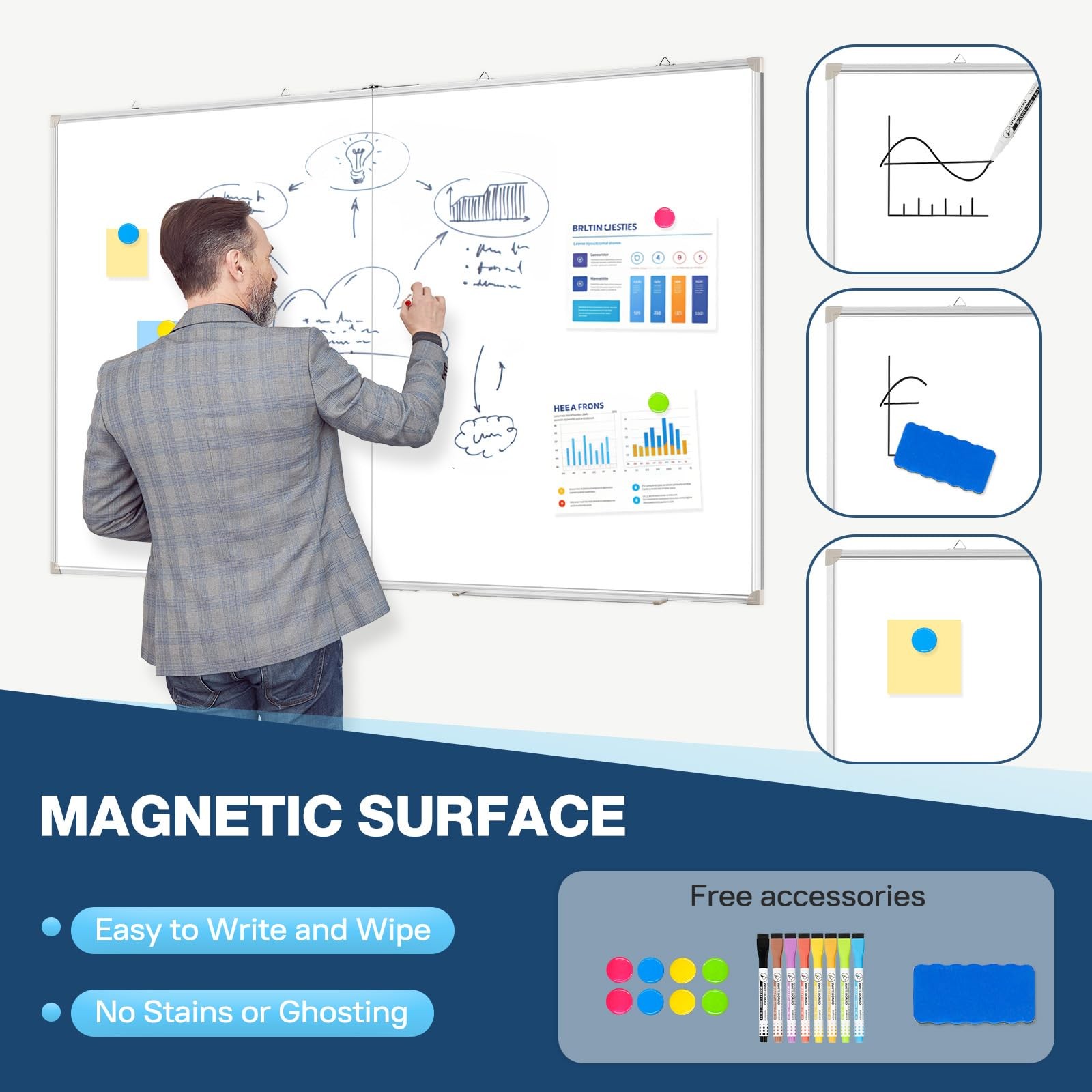 Double-Sided White Board Dry Erase Magnetic Whiteboard Wall 72×40 Foldable