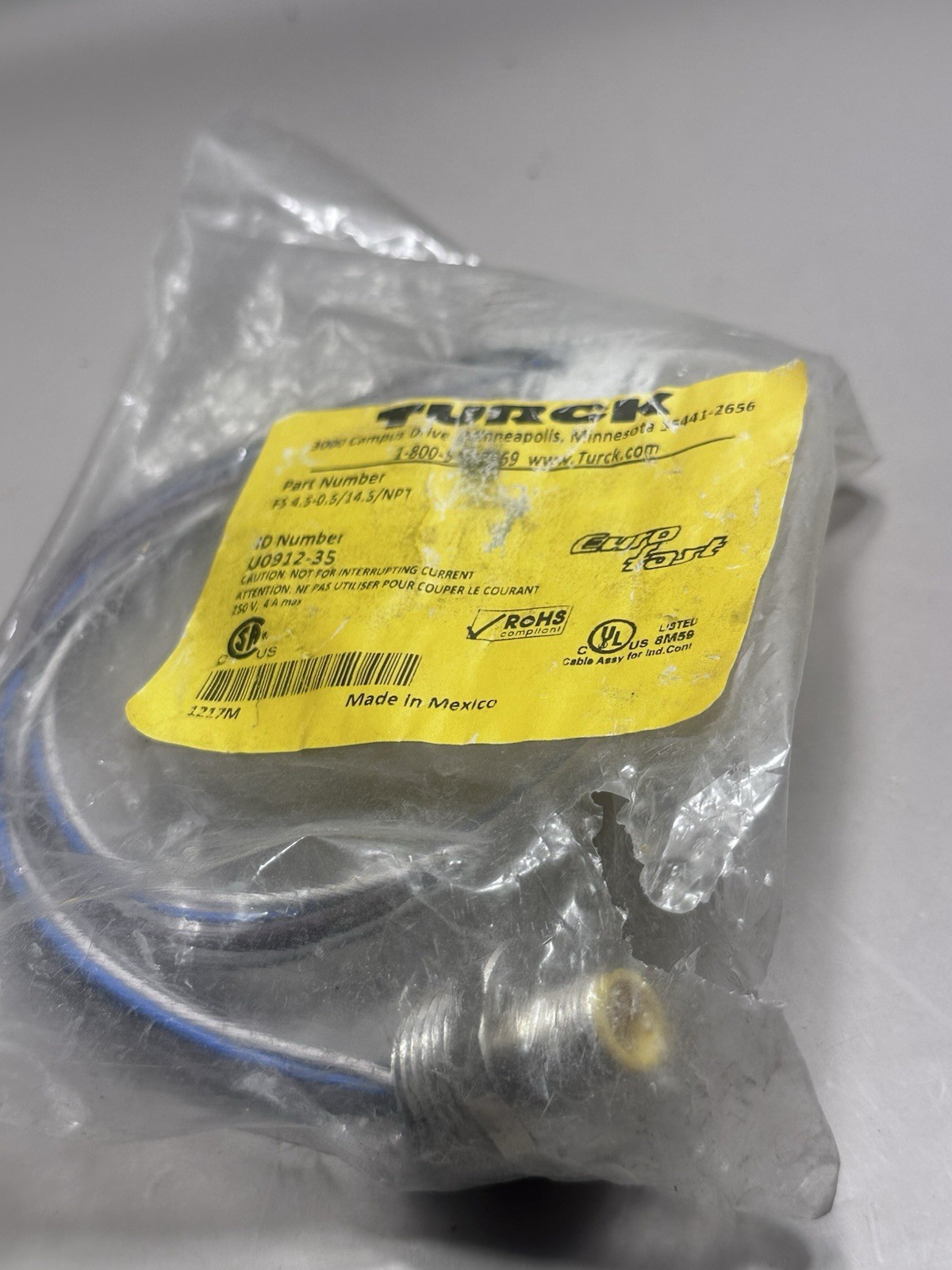 TURCK FS 4.5-0.5/14.5/NPT, EUROFAST MALE RECEPTACLE, U0912-35
