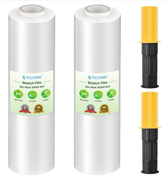 Stretch Wrap Film Roll 2 pack 1000 ft 60 Gauge Industrial Strength 15″ W Handles