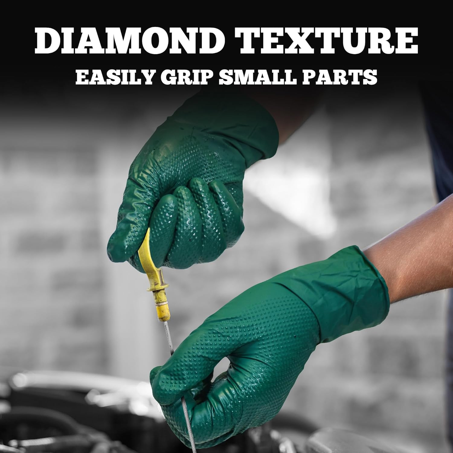 Heavy Duty Nitrile Gloves, 6 Mil Dark Green Raised Diamond Texture, Mechanic Dis