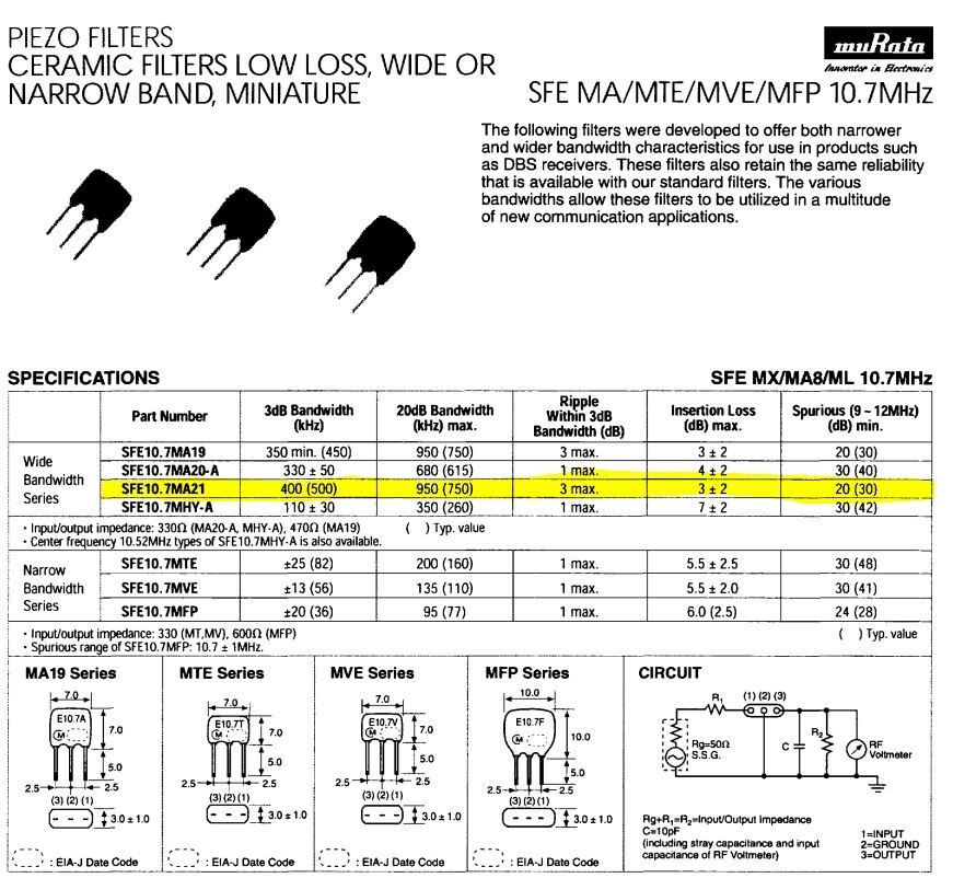 Lot of 4 – Murata Erie – SFE10.7MA21 – Resonator, Ceramic Piezo Filter,475.0 KHZ