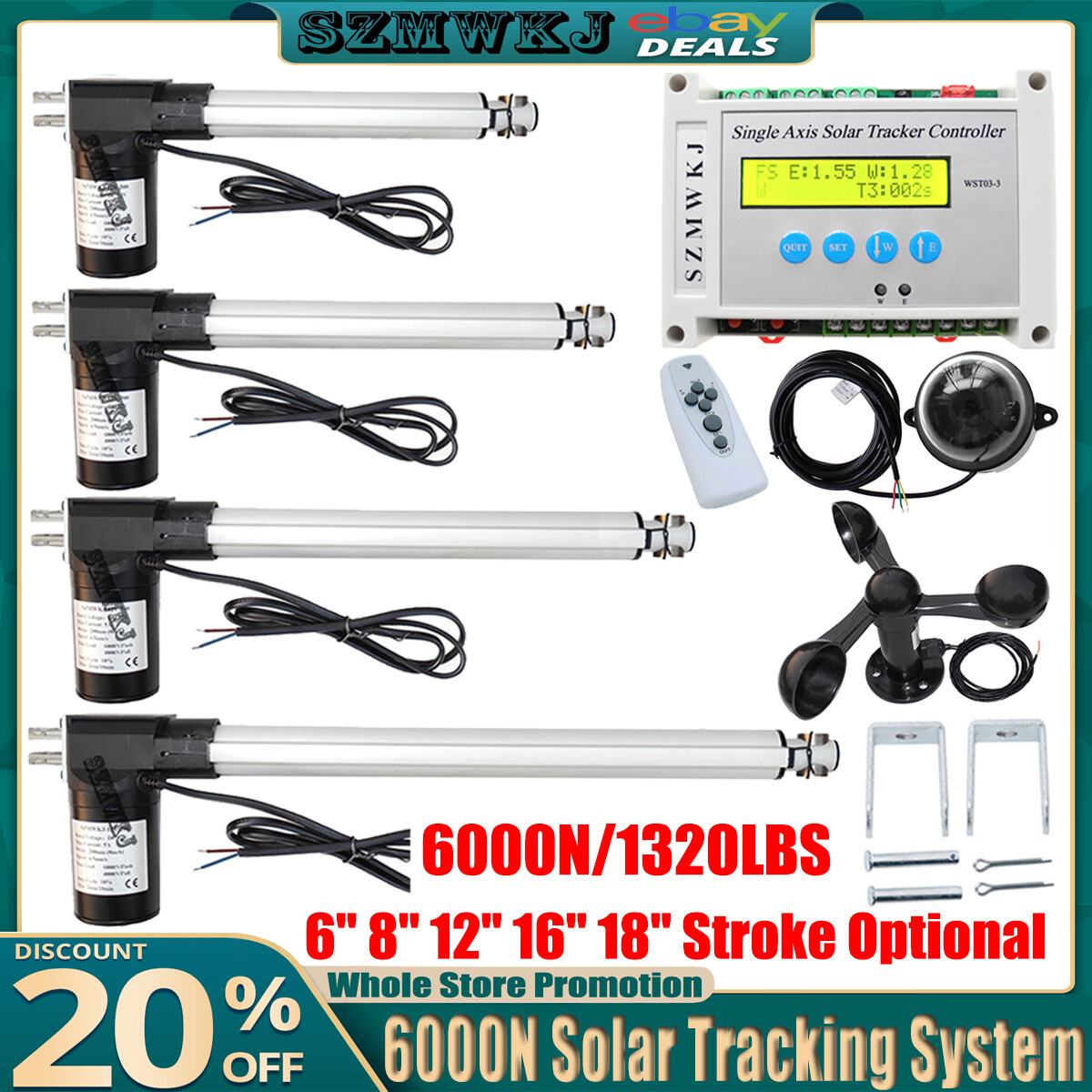US 6000N Electronic Single Axis Solar Tracking Controller W/ Linear Actuator Kit