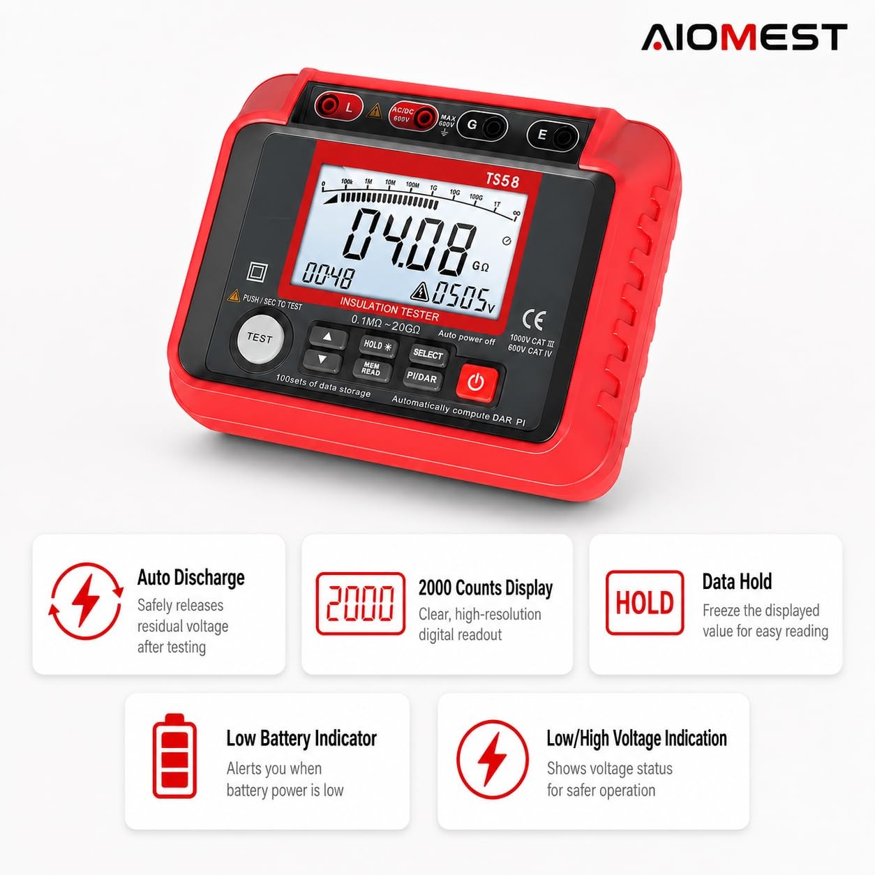 Megohmmeter 0.1MΩ-20GΩ Digital Insulation Resistance Tester with 50V/100V/250…