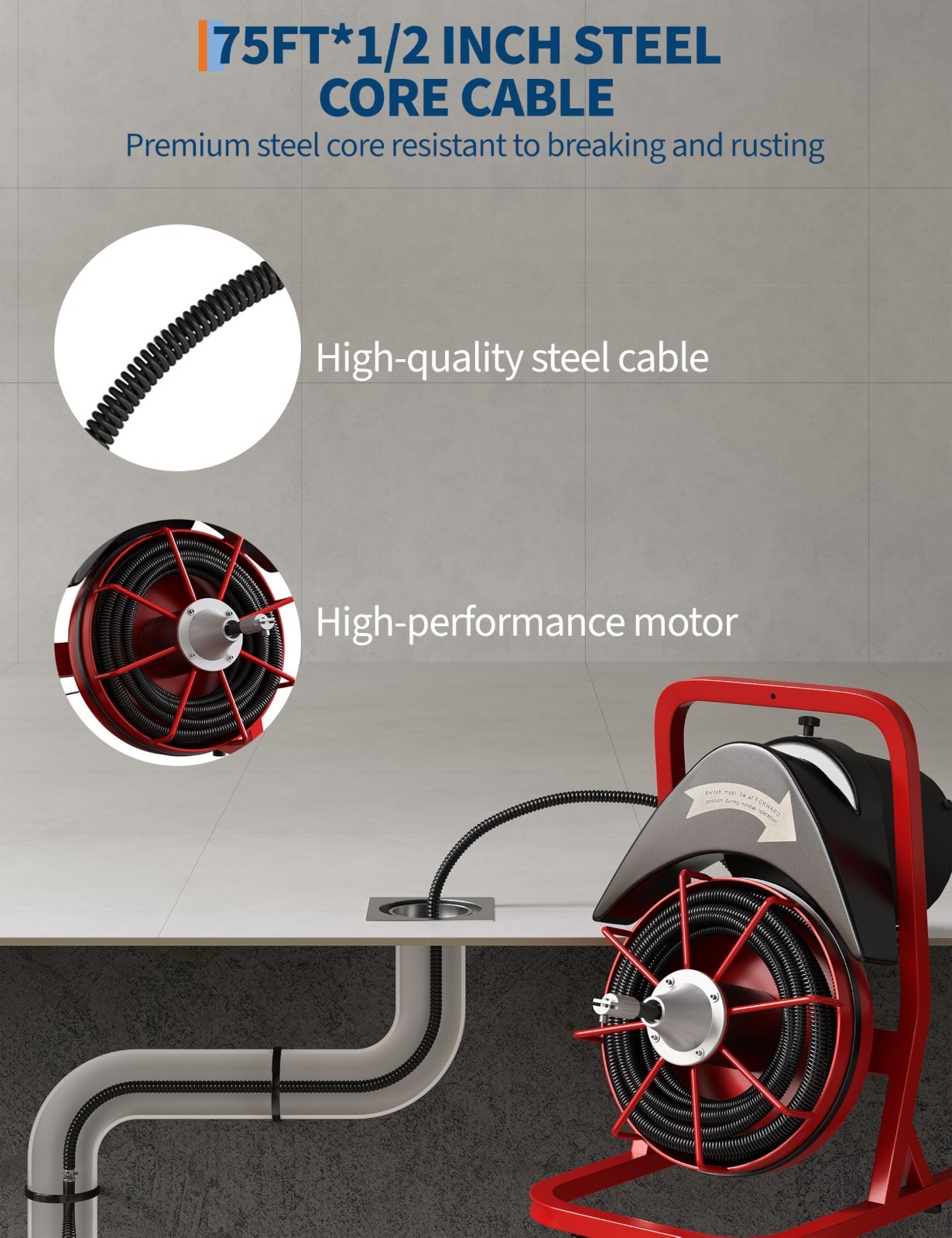 Drain Cleaner 75FT x1/2 In Steel Core Cable 370W Electric Drain Cleaning Machine