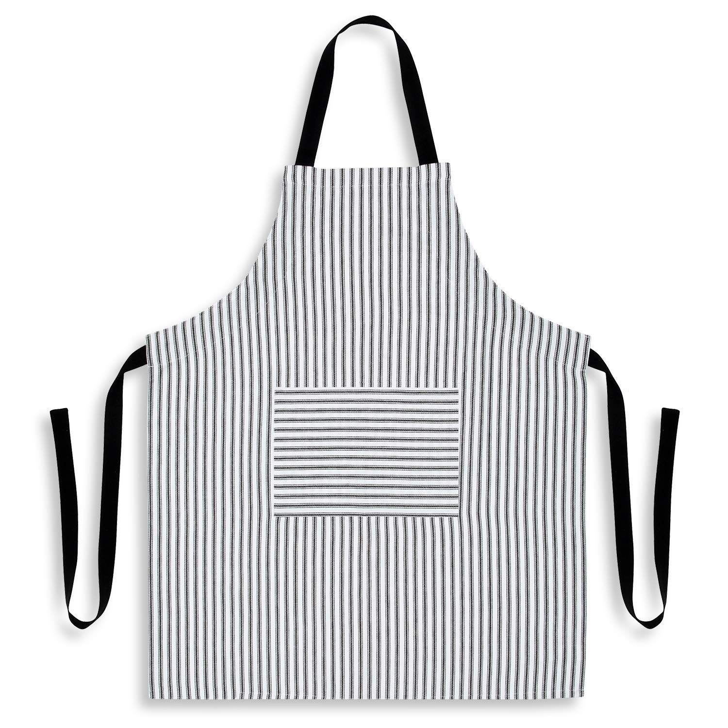 Black and White Ticking Stripe Woven Cotton Bib Apron Pocket Adjustable Strap