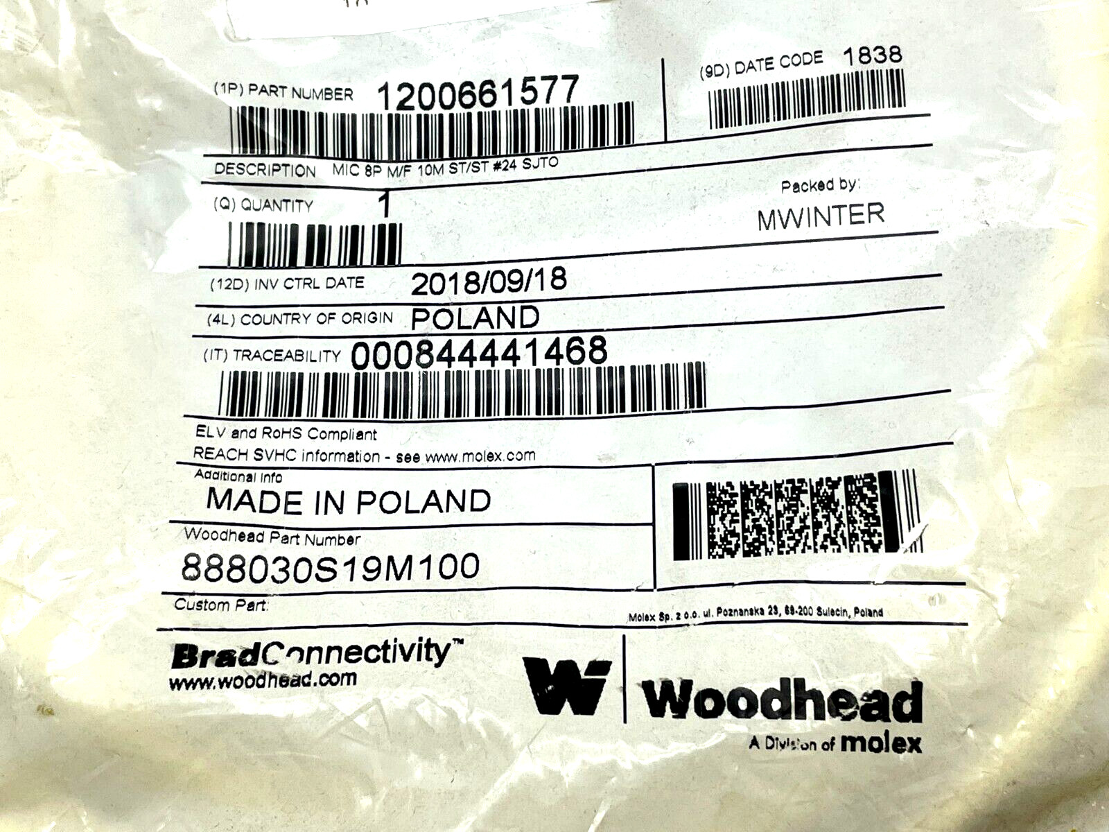Woodhead Molex 1200661577 Male to Female 10m Length 888030S19M100