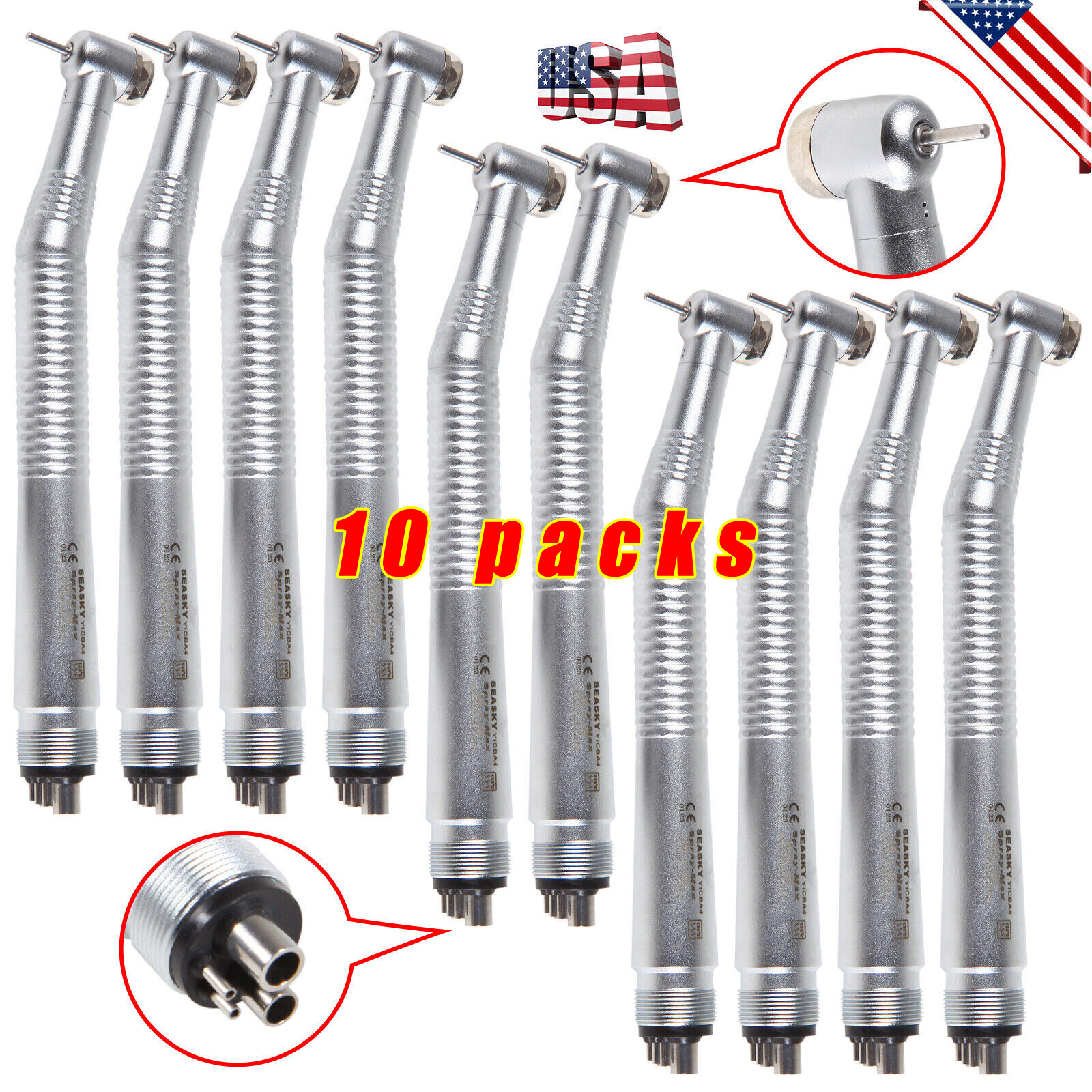 10 Pcs Seasky NSK PANA MAX Style Dental High Speed Turbine Handpiece Push 4Hole