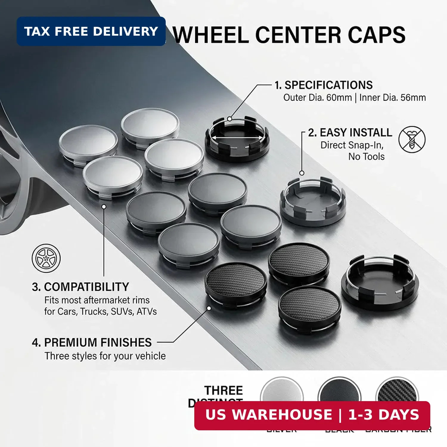 4 PCS Car Wheel Center Caps, Center Caps for Rim 60MM/2.36In OD 56MM/2.2In ID, A