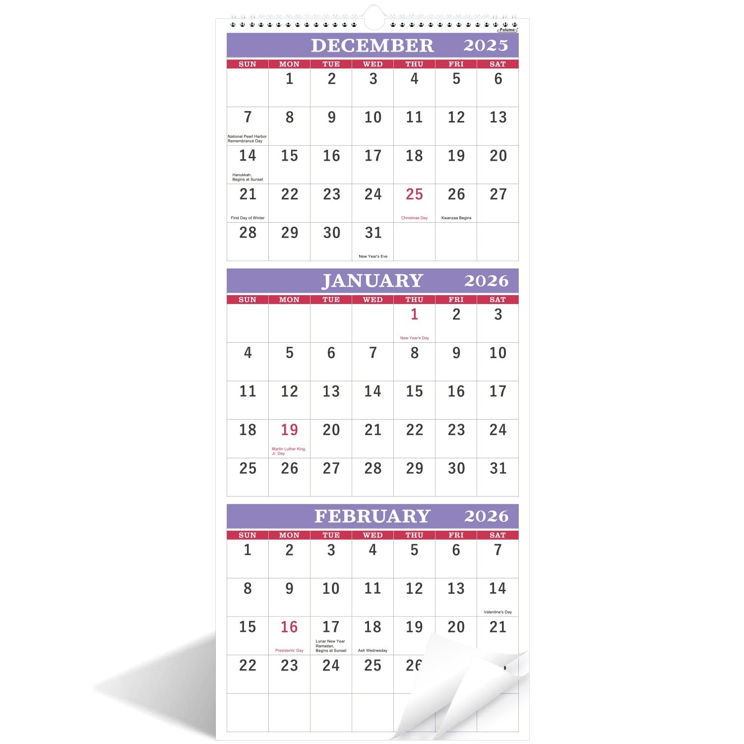 2026 Wall Calendar – 3 Month 2026 Display 3 Month, Purple