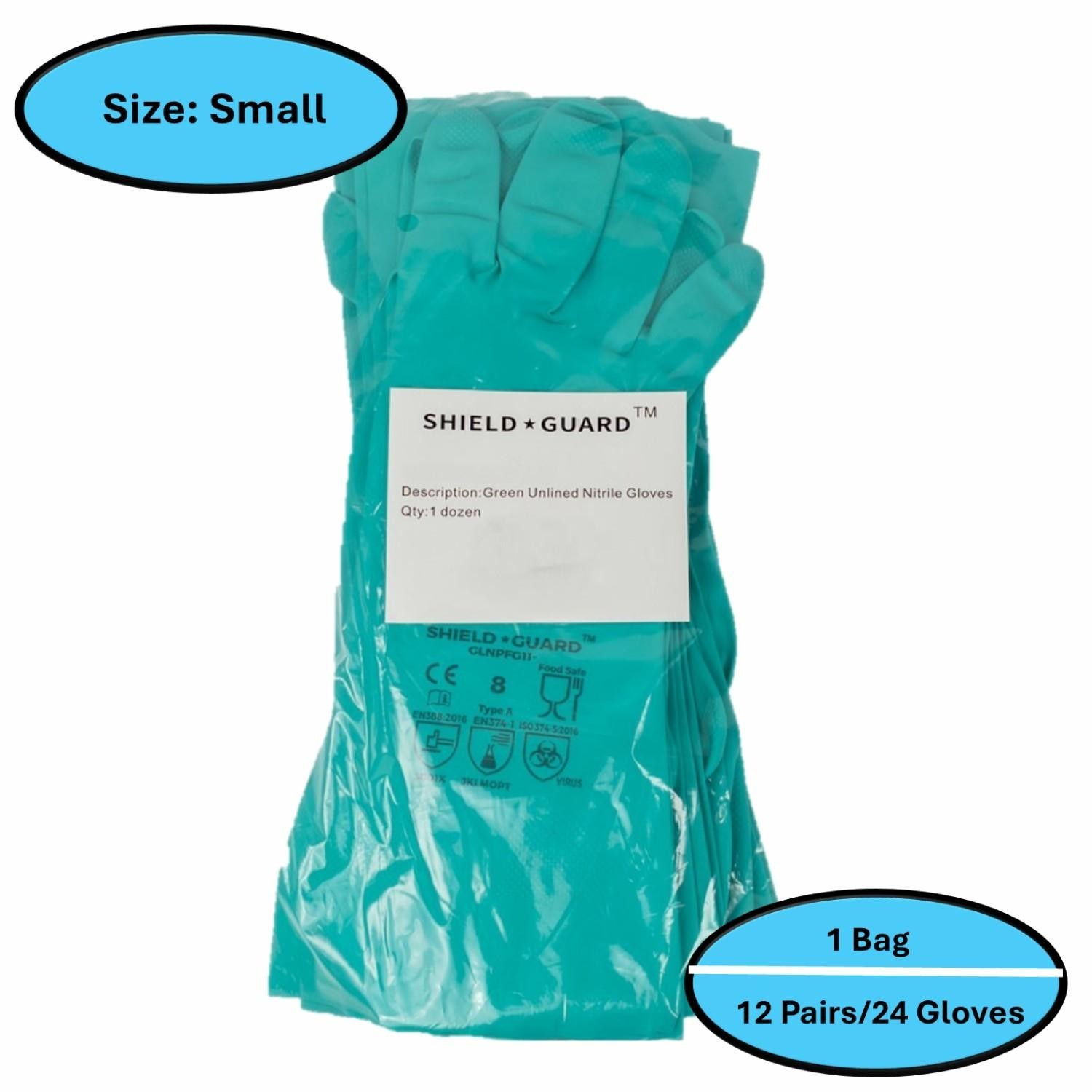12 Pairs 11 Mil Chemical Resistant Diamond Textured Green Nitrile Gloves Small