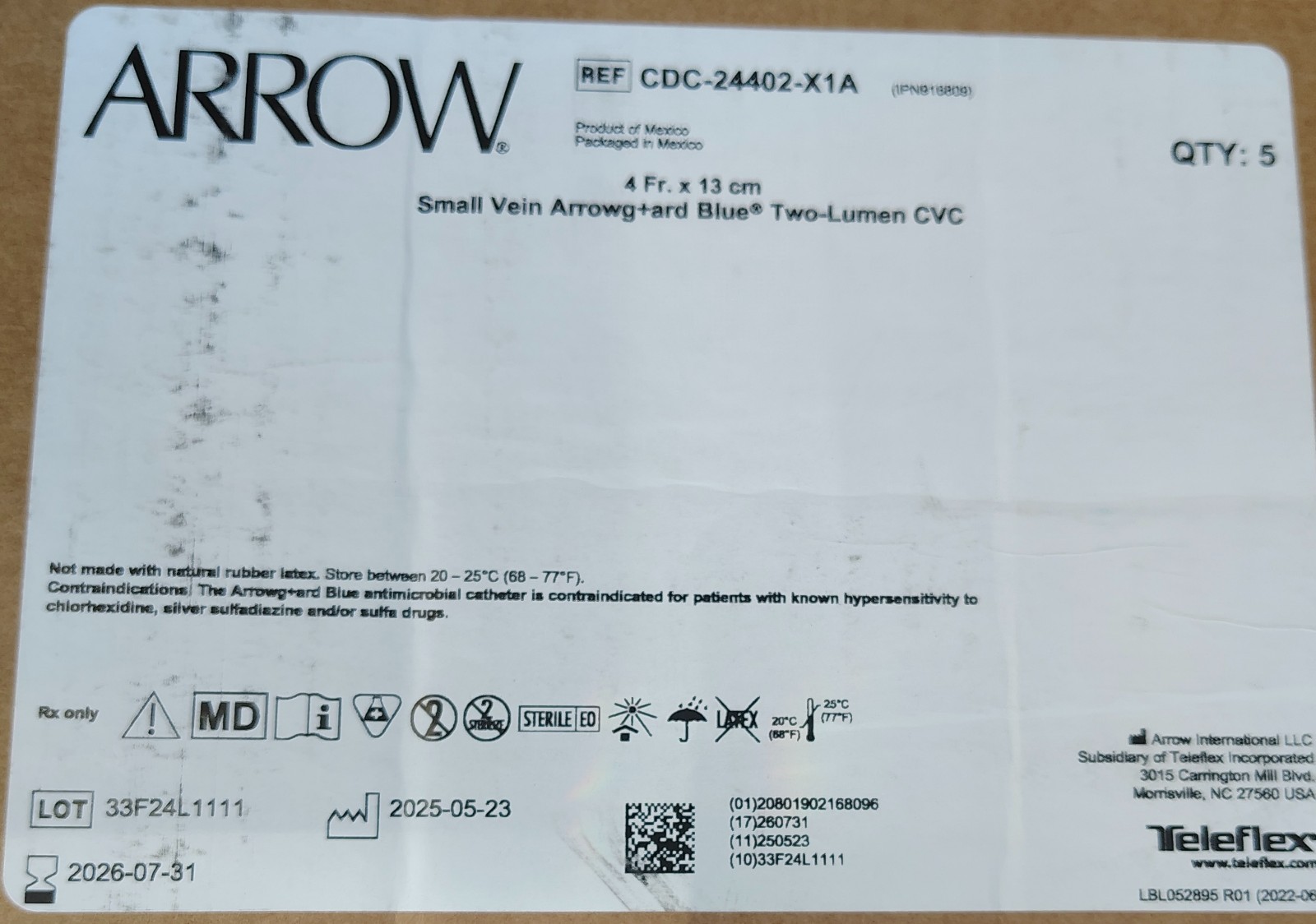 Case of 5 TELEFLEX ARROW Small Vein Arrowg+ard Blue two LumenCVC
