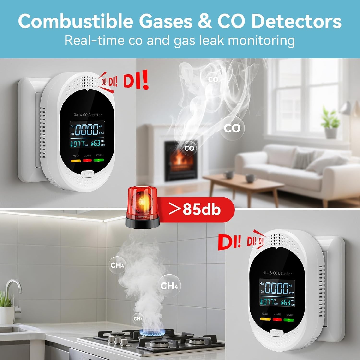 Carbon Monoxide Detector Sound Light Alarm Temp Humidity Monitor Home RV Safety