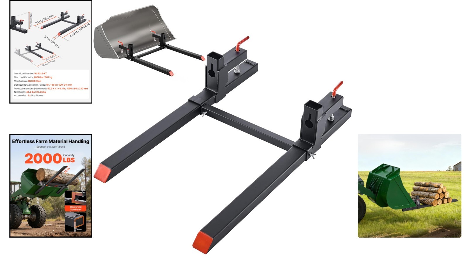 Heavy-Duty 2000 lbs Clamp-On Pallet Forks for Tractors & Skid Steers – 43-Inch
