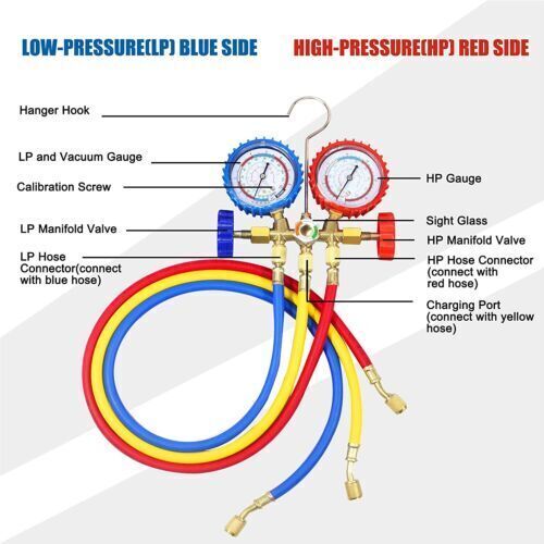 HVAC A/C Car Air Conditioning Refrigerant Recharge Measuring Hose Gas Gauge Kit
