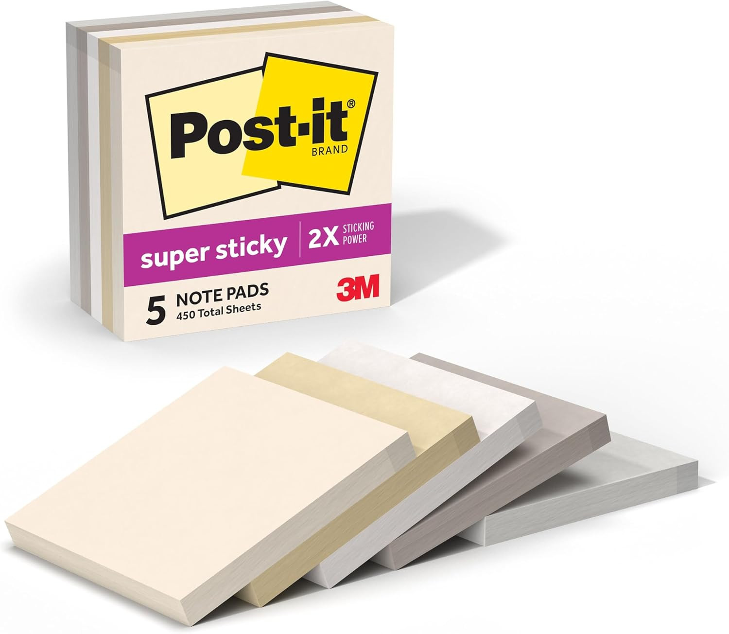 Post-It Super Sticky Notes, 3 X 3 In, Neutrality, 5 Pads, 90 Sheets/Pad | School