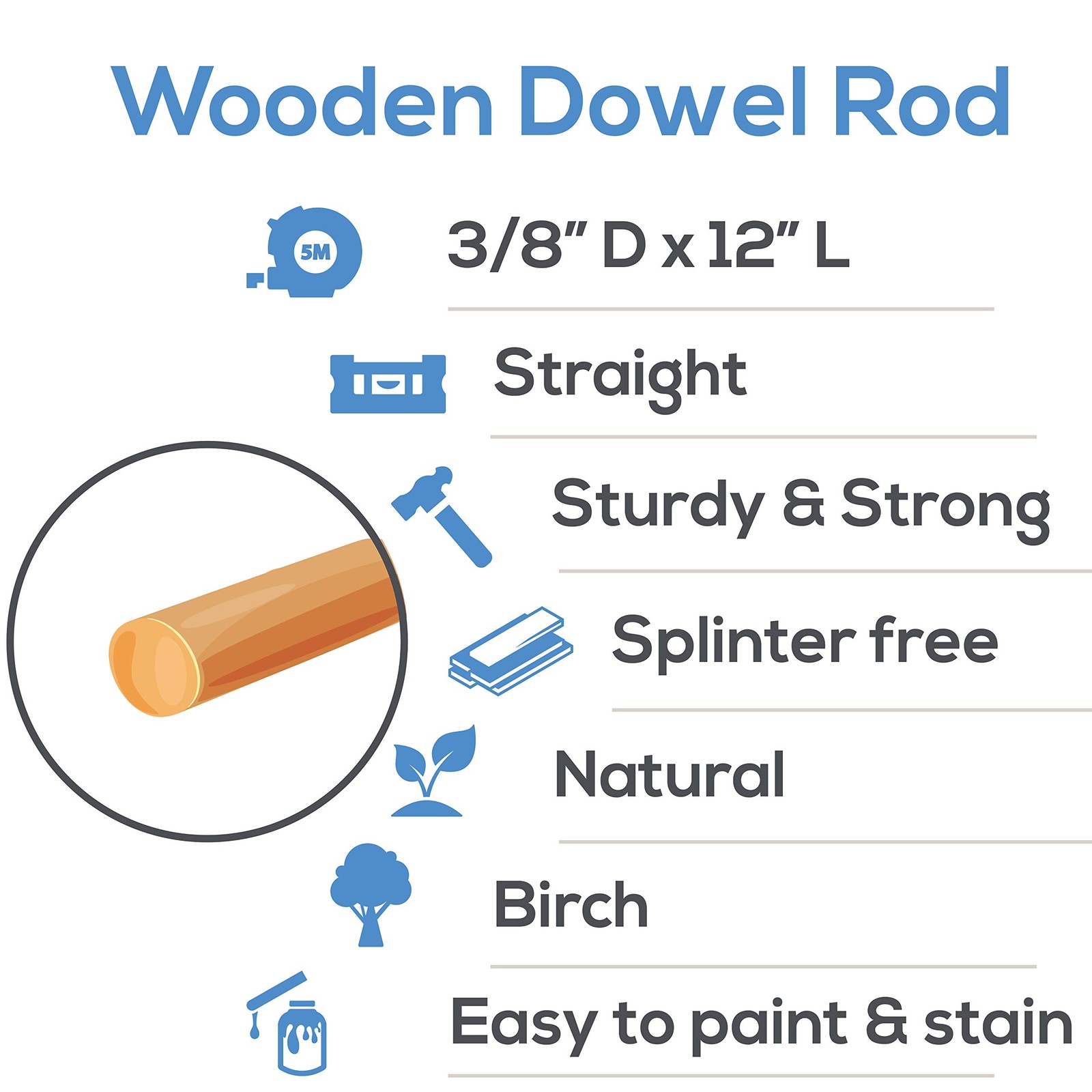 Unfinished Hardwood Dowels – 3/8 Inch x 12 3/8″ x 12″ Dowels, Pack of 25
