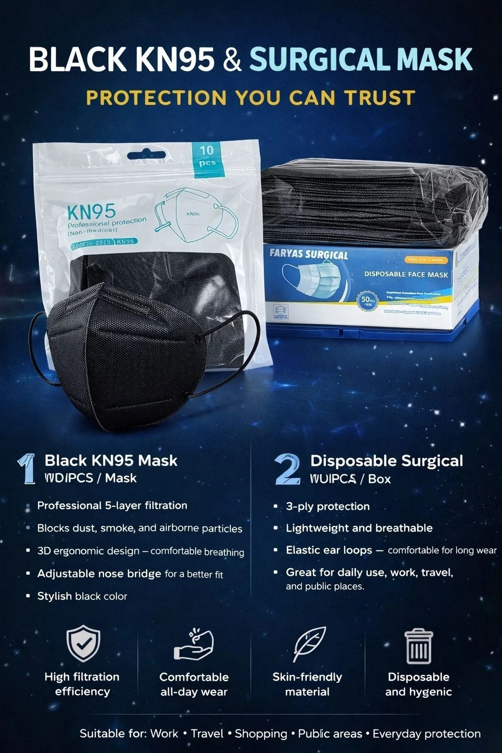 KN95 Face Masks, Breathable Comfortable and Disposable KN95 Mask, Black 10/50