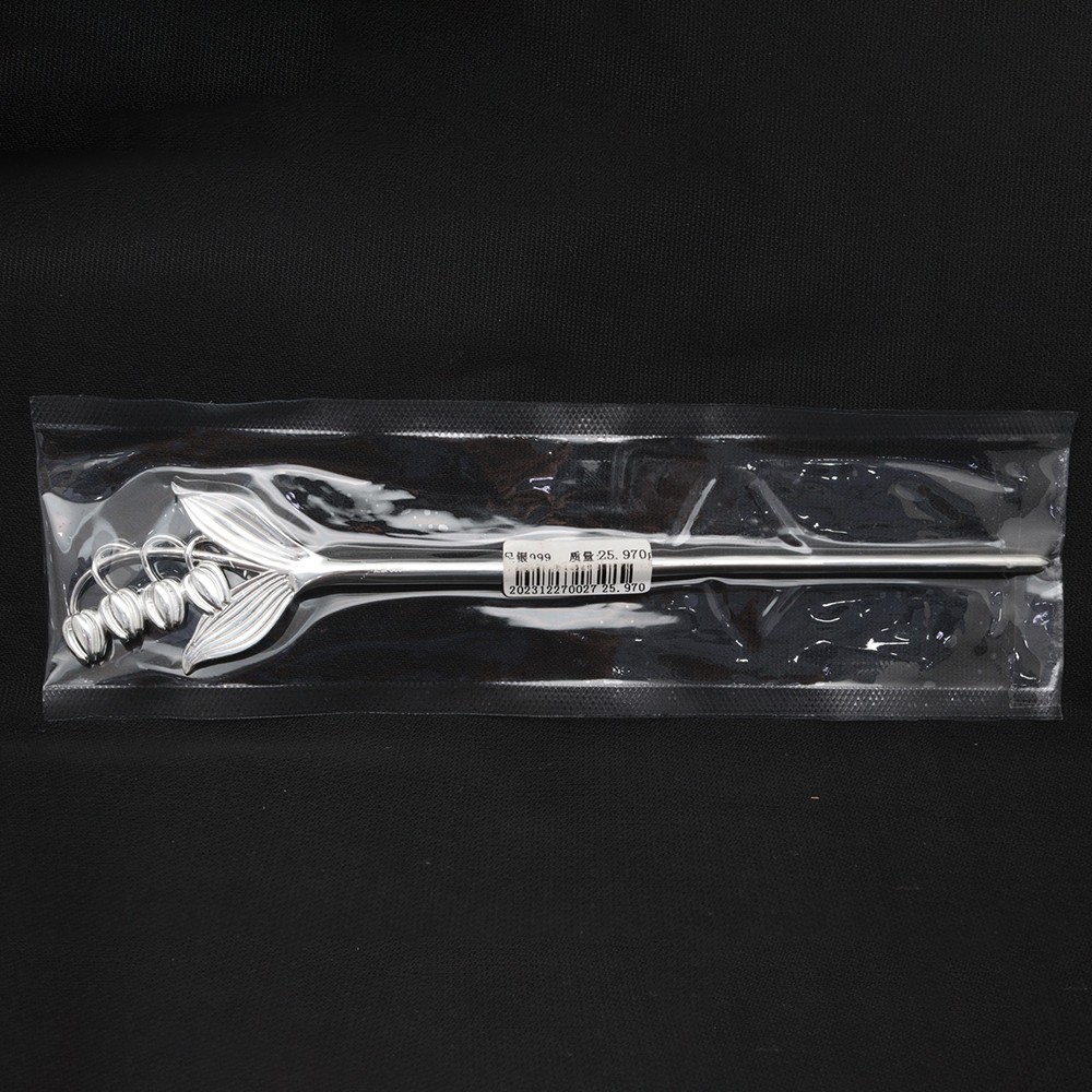 Pure S999 Fine Silver Hairpin Daily Carved Lily Flower Hair Stick 26g 6.7inch