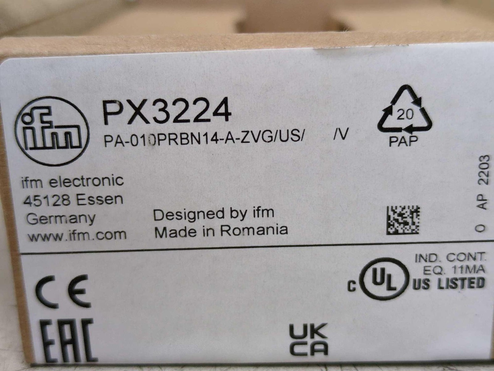 New in Box IFM PX3224 Electronic Pressure Sensor 0…100 PSI, 1/4 NPT