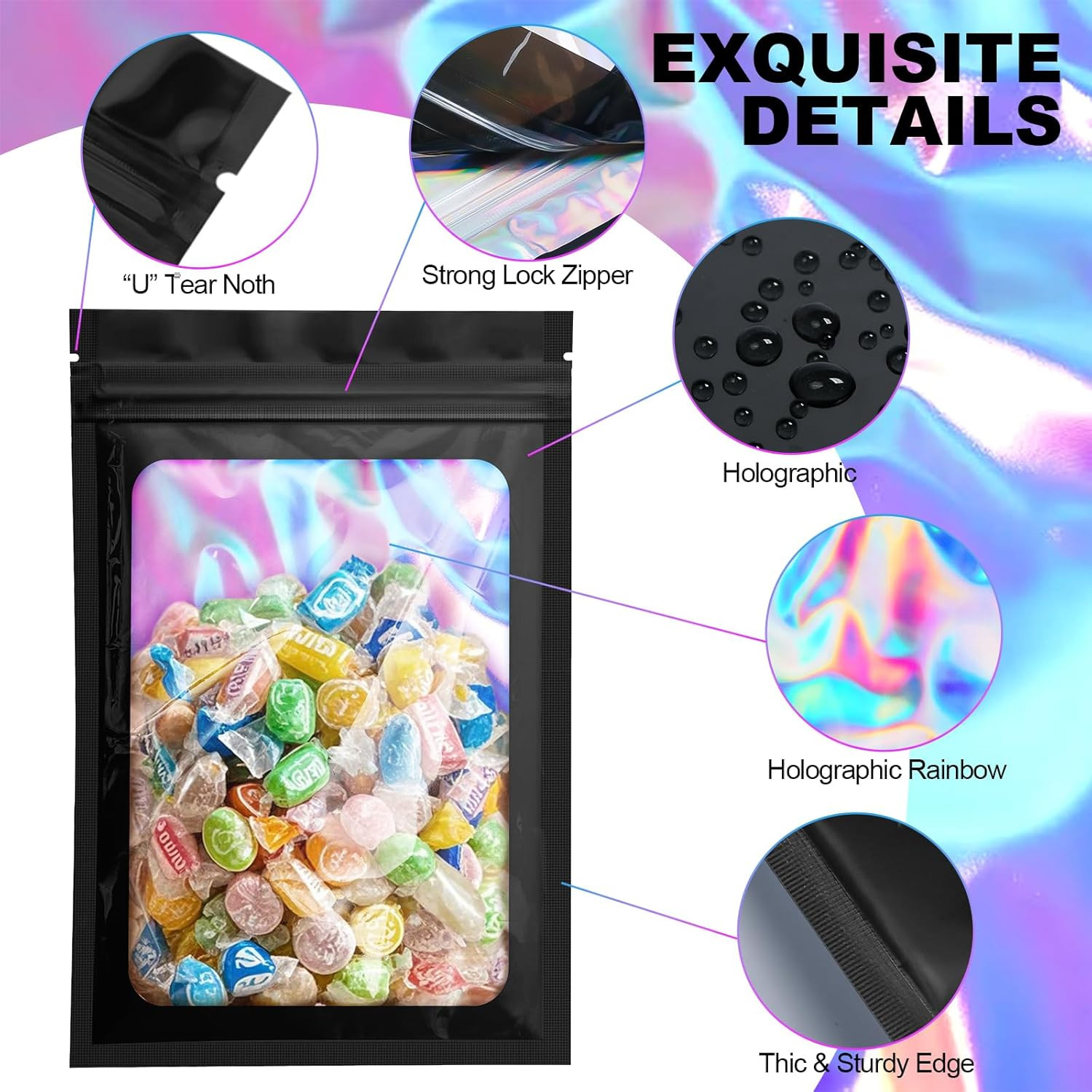 100 Pack Holographic Packaging Resealable Bags for Small Business -4 X 6 Inch