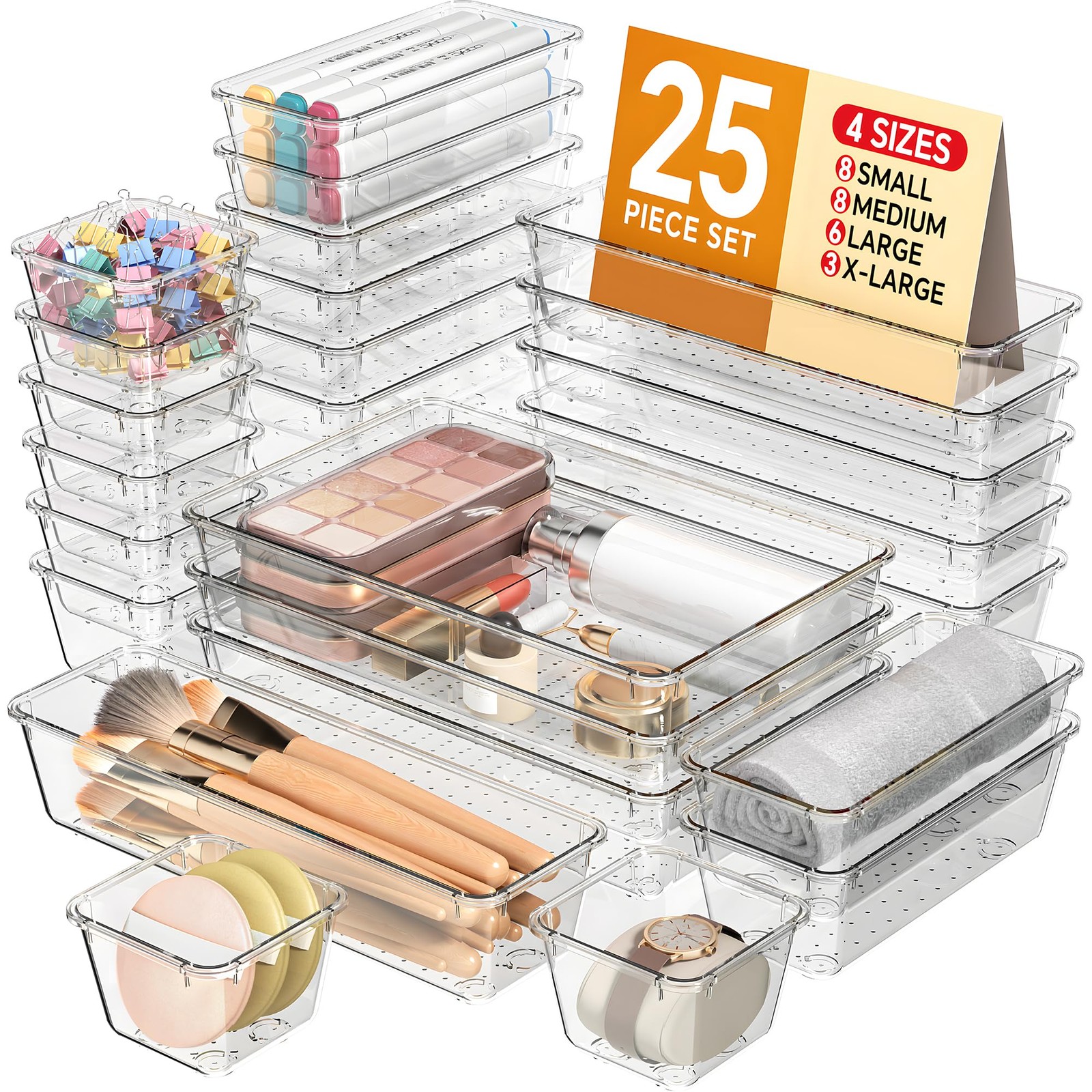 KEMETHY 25 PCS Plastic Drawer Organizers Set, 4 Sizes Vanity Organizer Clear