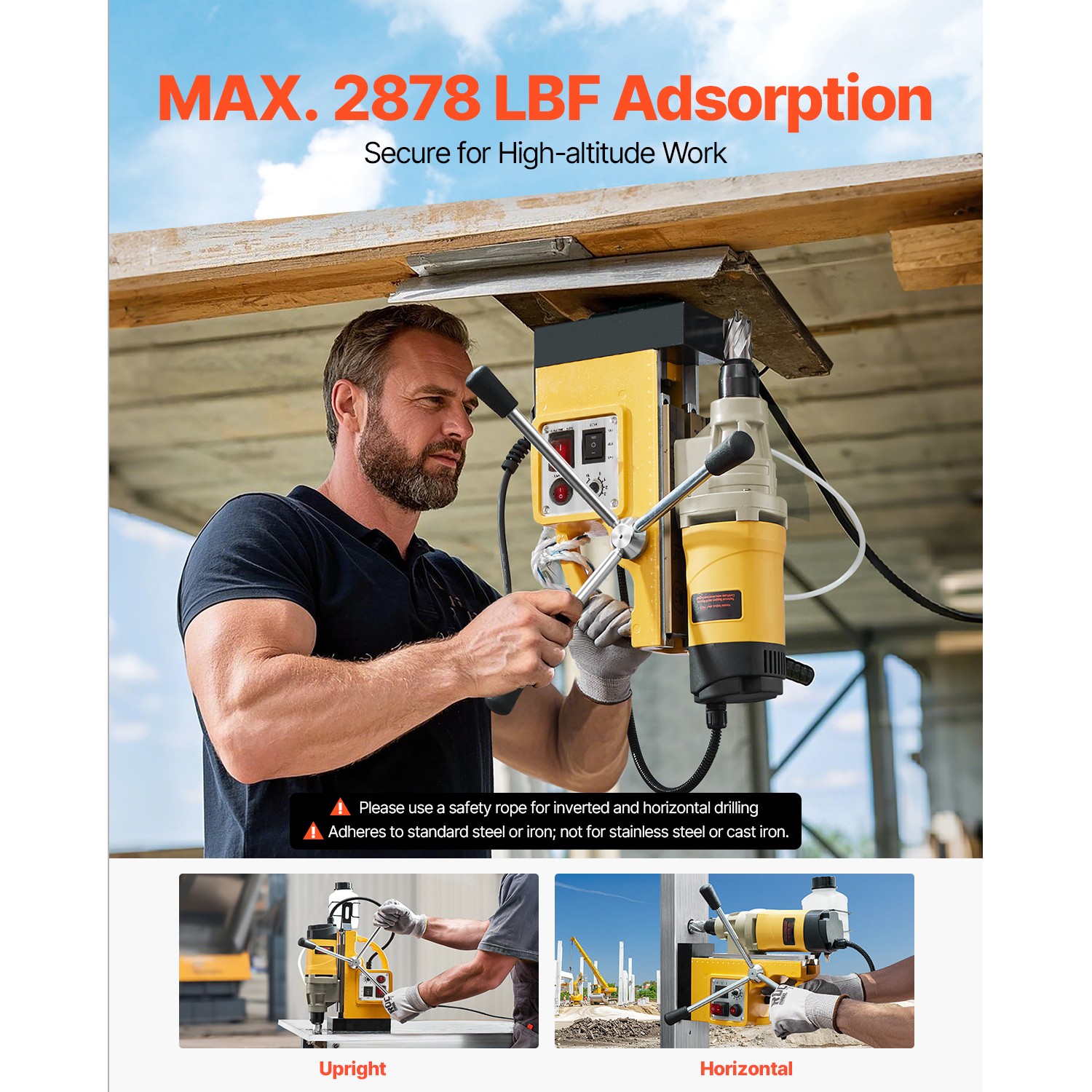Magnetic Drill 1450W 12800N Mag Drill Press 2 in Boring Diameter 6 Bits Yellow