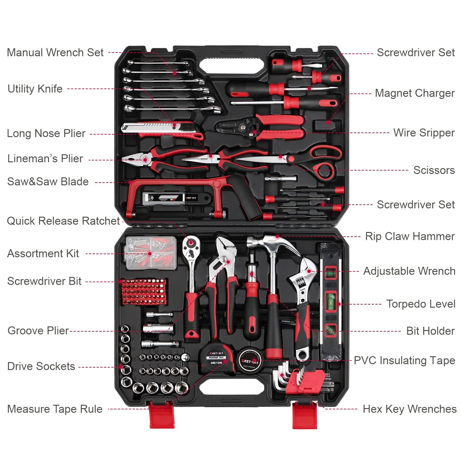 Eastvolt 218PC Household Tool Kit Home Repair Mechanic Toolbox Set Black Red