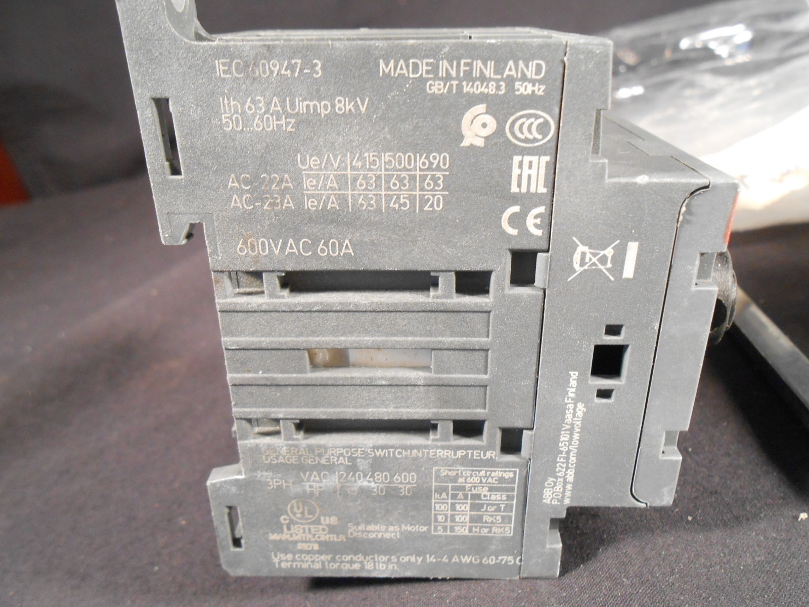 NEW ABB OT63F3 SWITCH DISCONNECT W/ OHBS2AJ1 handle. Made in Finland