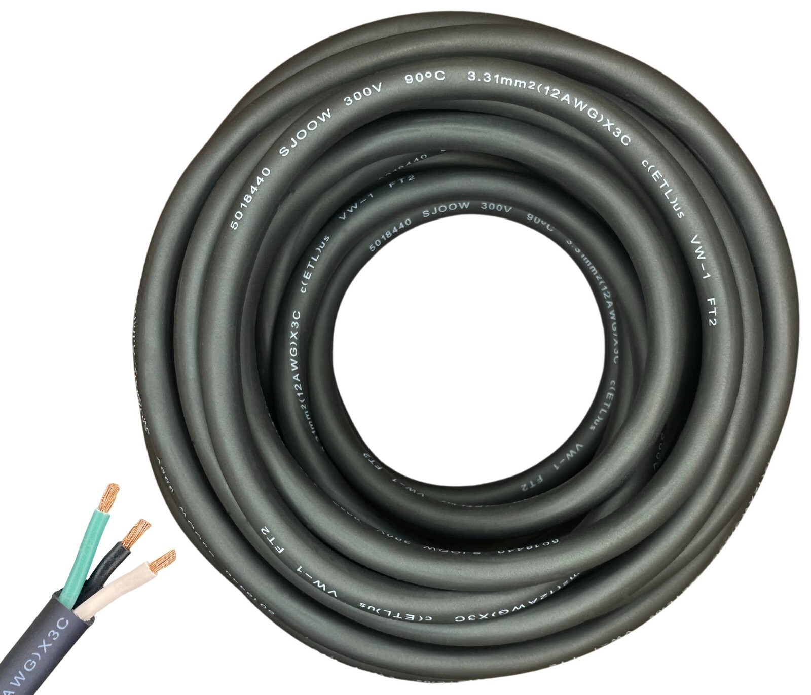 WindyNation 2-DAY SHIPPING 12/3 SJOOW Cable 12 Gauge 3 Conductor 300V Cable Wire