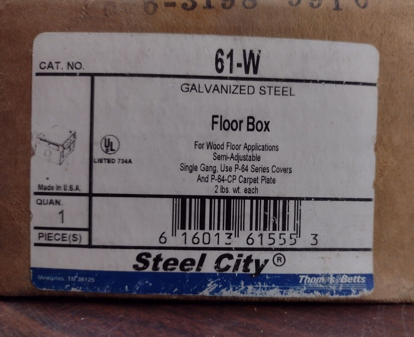 THOMAS & BETTS 61-W FLOOR BOX for wood floors SINGLE GANG STEEL NEW IN BOX