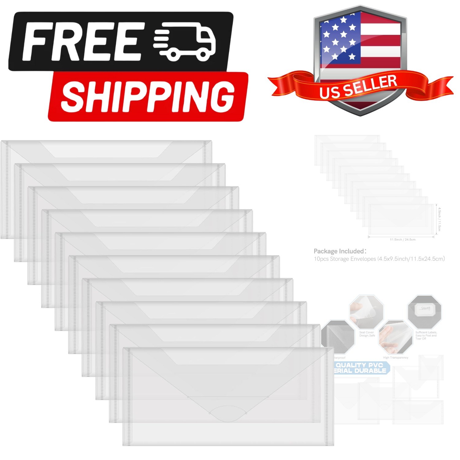 10 PCS 4.5»x9.5» Clear Storage Envelopes Pockets Resealable Plastic Bags fo…
