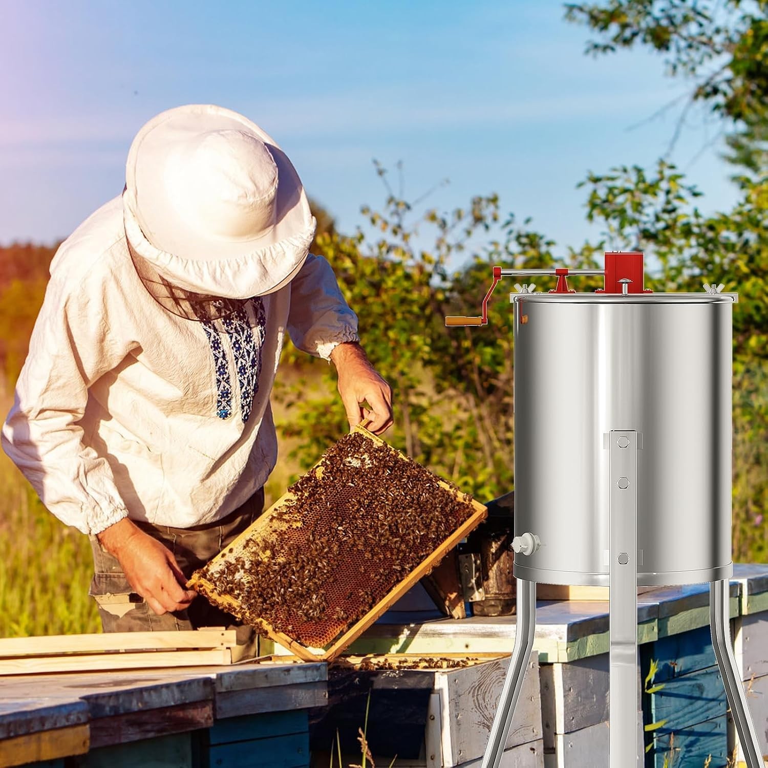 Stainless Steel Honey Extractor 2-4 Frame Manual Spinner Beekeeping Centrifuge