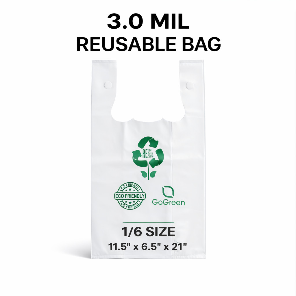 3 Mil White Reusable Grocery Bags 1/6 Size Extra Heavy Duty 11.5×6.5×21 Bulk