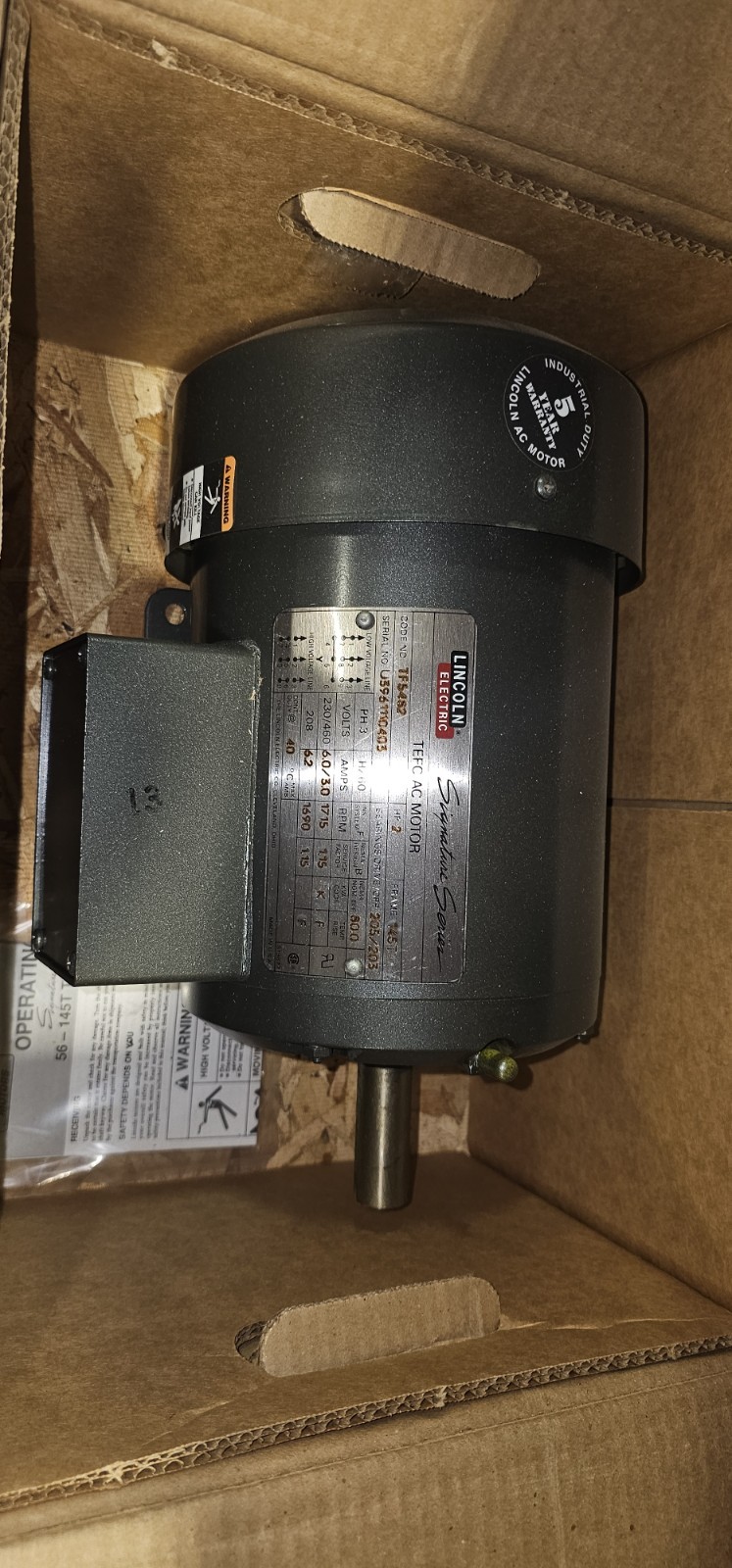 Lincoln Electric 2 HP 1800 RPM TEFC Motor 230/460V SF4S2T61 LM02819