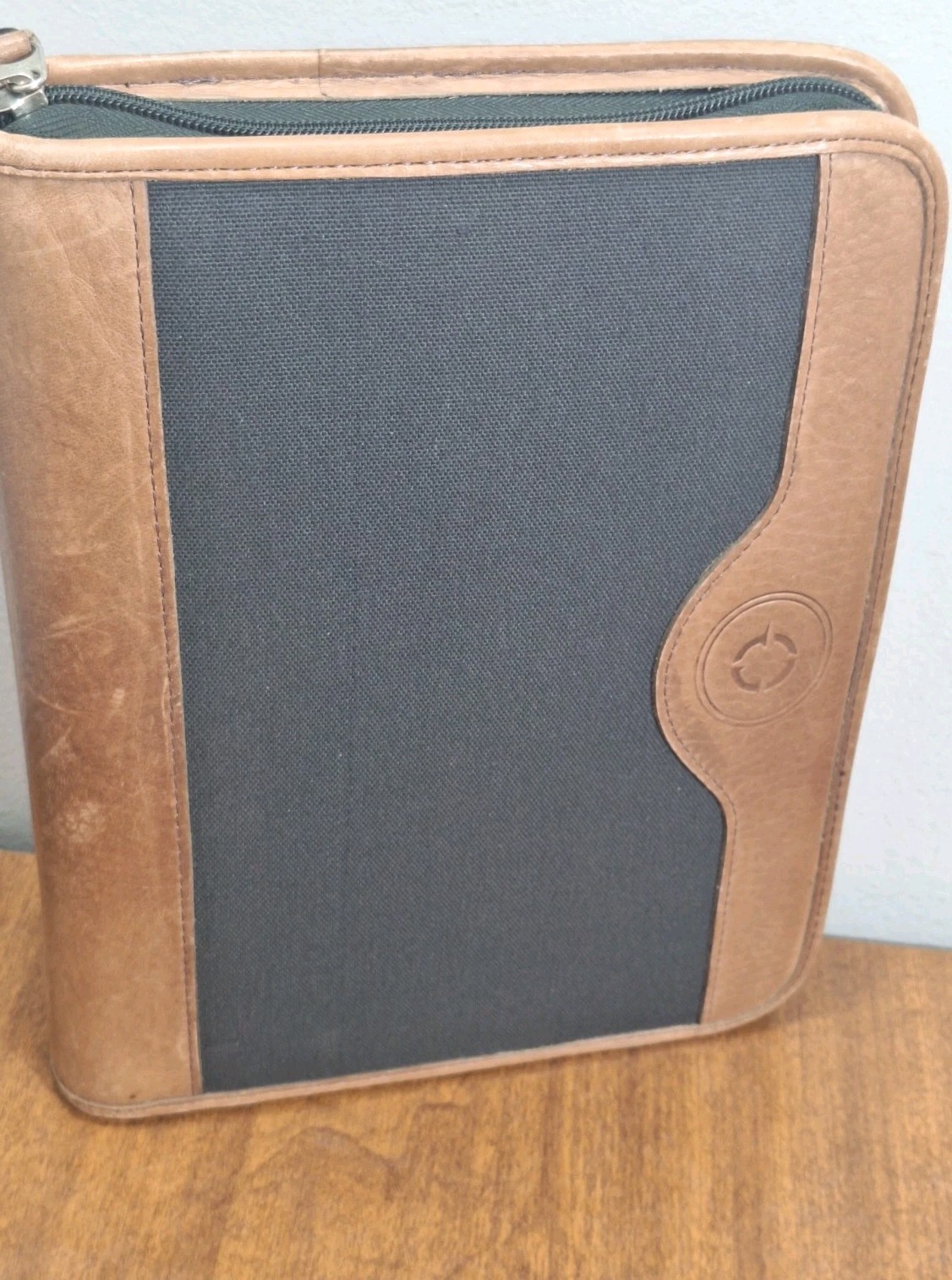 Vtg Franklin Covey Planner Green Canvas Tan Leather Trim 8×10 Full Zip Closure