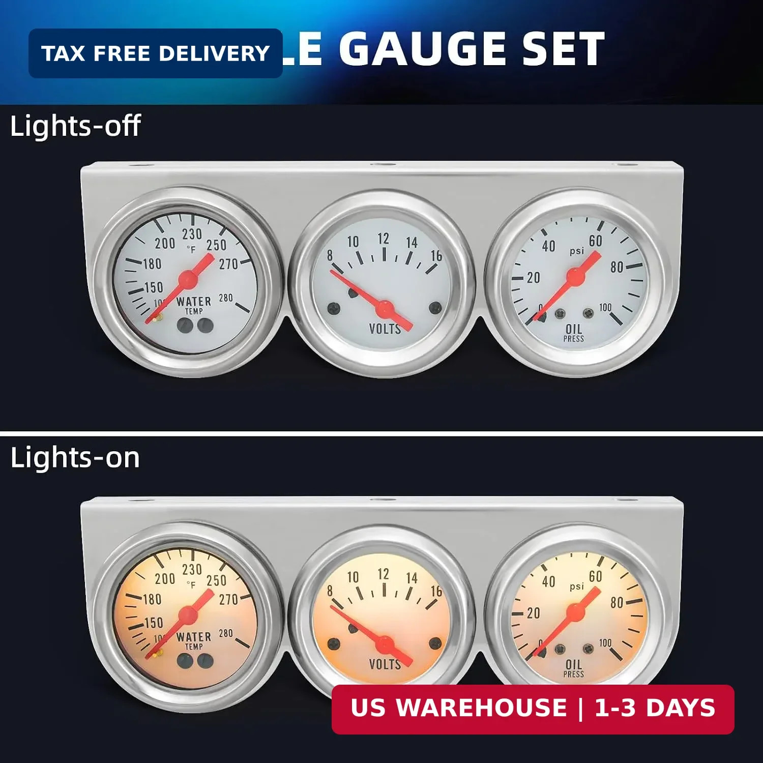 MH 2inch 52mm Triple Gauge Set, Oil Pressure Gauge (0-100PSI) +Water Temperature