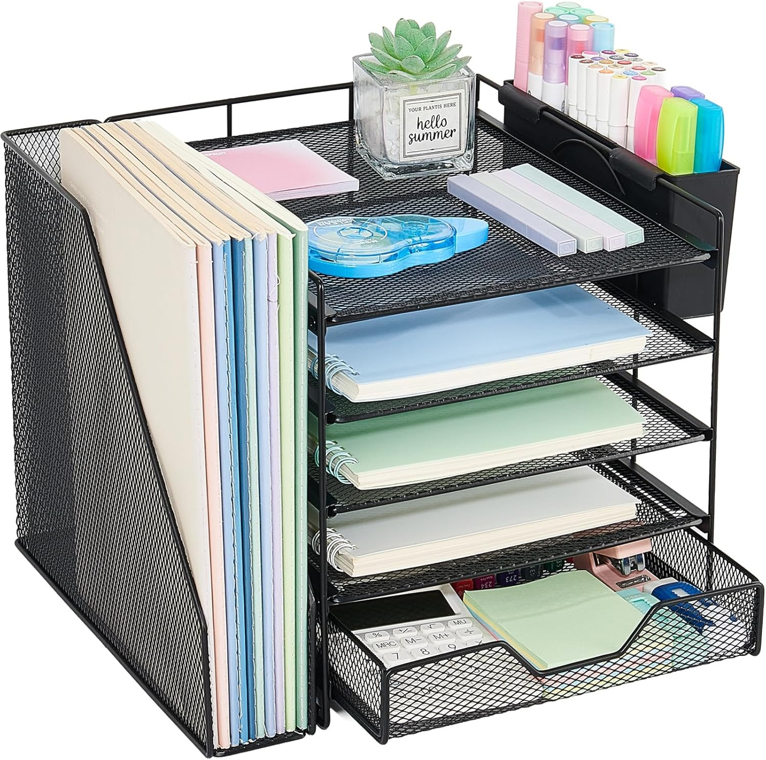 5 Tier Desk File Organizer with Drawer Pen Holder Metal Mesh Black