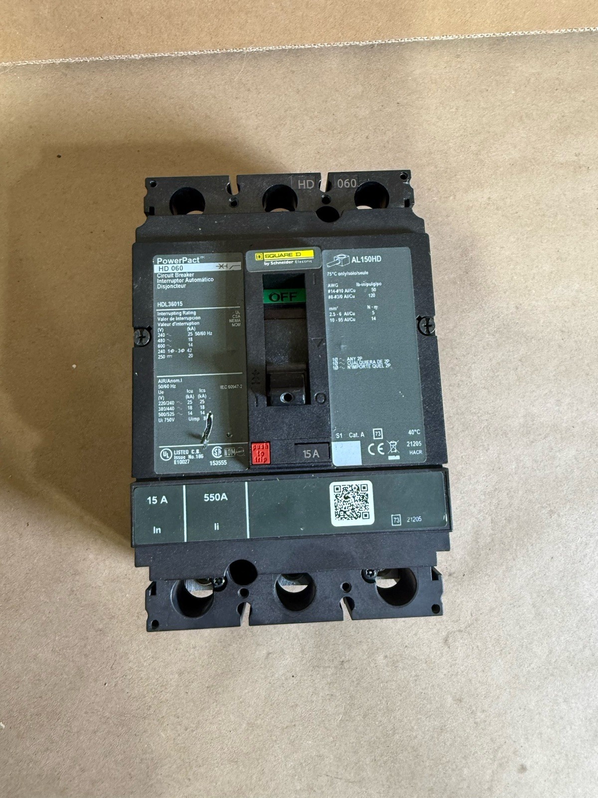 NIB – Square D – HDL36015 – Circuit Breaker, Powerpact H, 15A, 3 Pole, 600Vac
