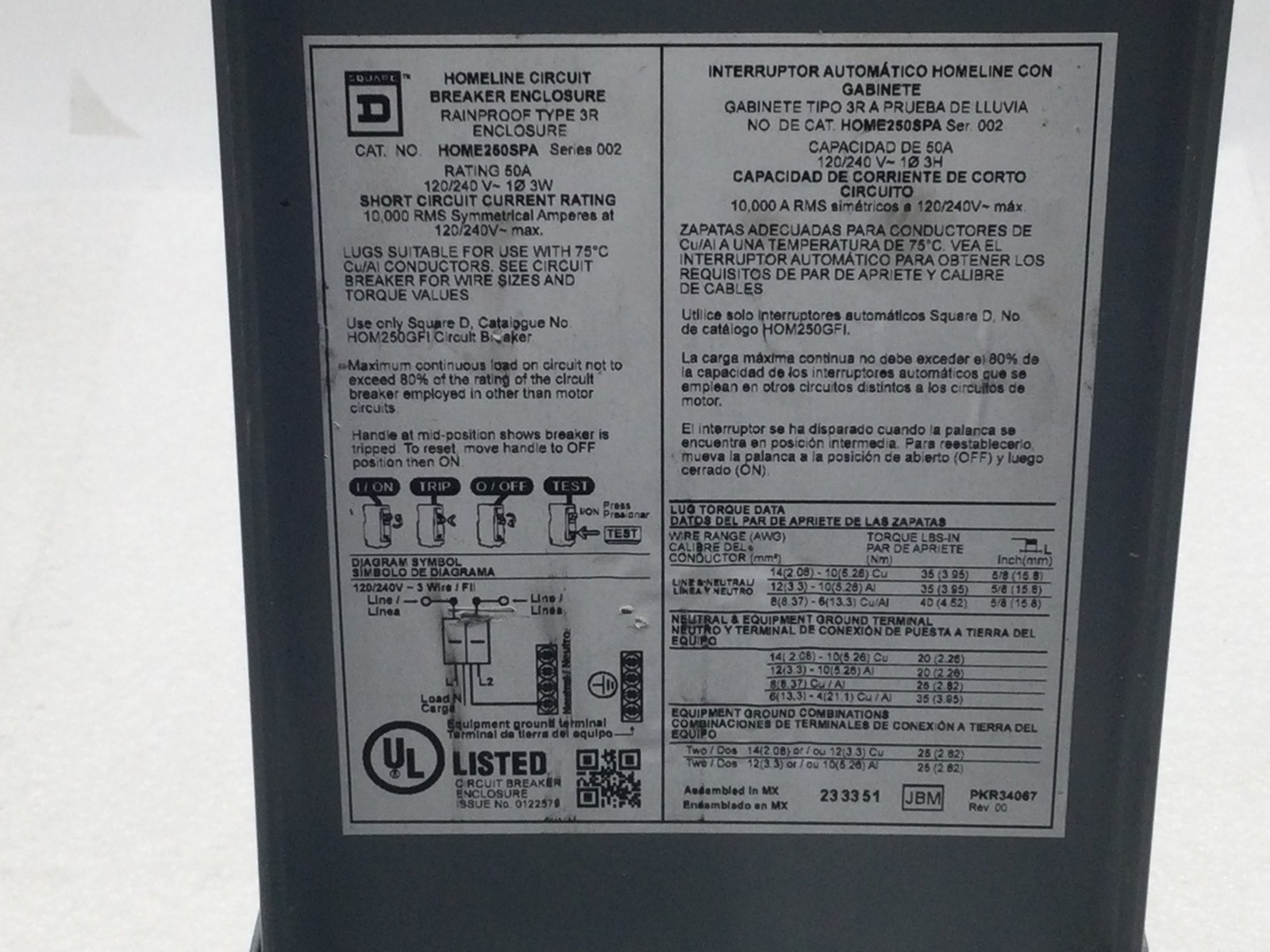 Square D HOME250SPA 50 Amp 1 Phase 3 Wire 120/240V Disconnect/Circuit Breaker